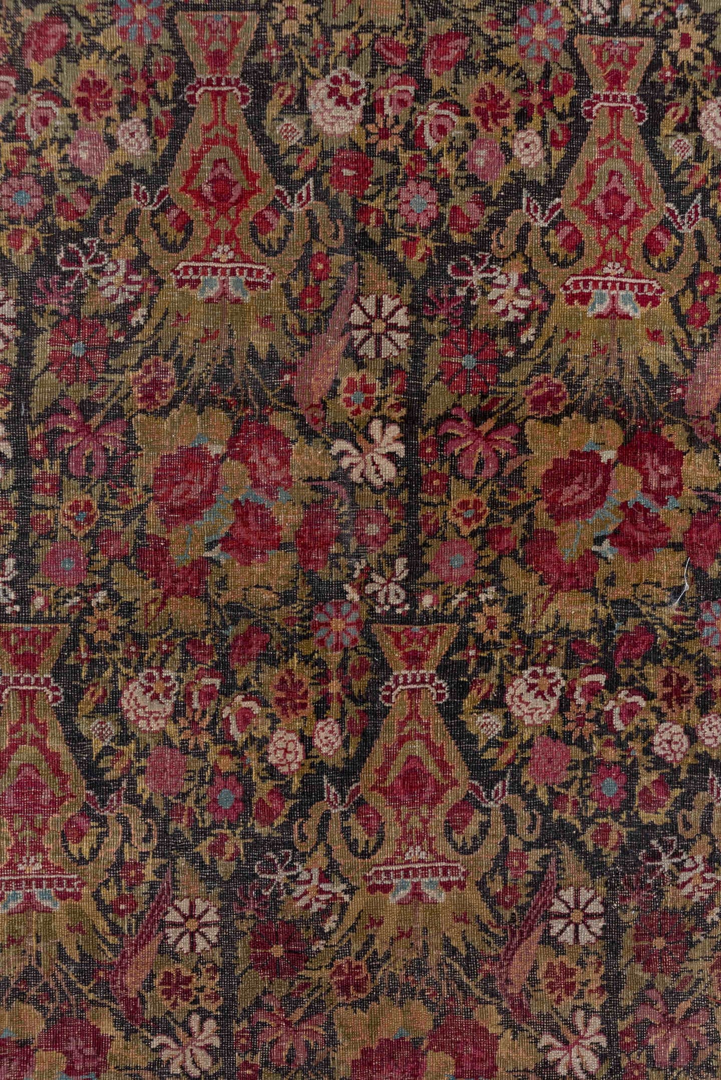 4' x 8' one-of-a-kind handmade antique Agra rug. Color palette: olive, rust, rose, ivory, burgundy, gold, sky_blue, brown