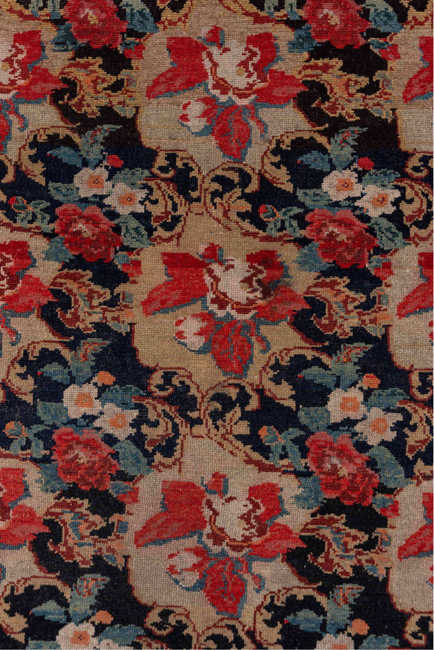 4' x 5' one-of-a-kind handmade antique Malayer small size rug. Color palette: navy, rose, ivory, rust, camel, slate, crimson