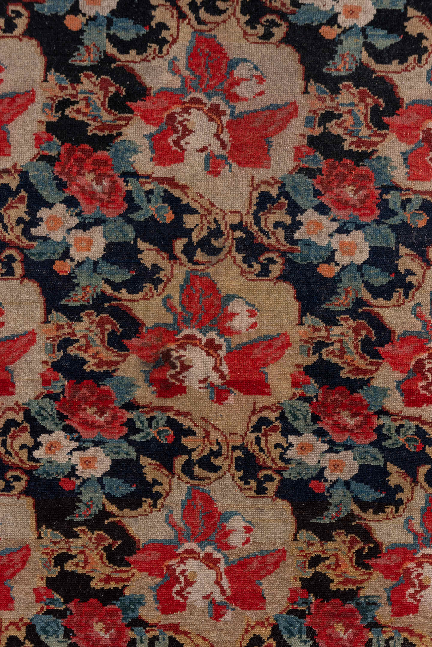 4' x 5' one-of-a-kind handmade antique Malayer small size rug. Color palette: navy, rose, ivory, rust, camel, slate, crimson