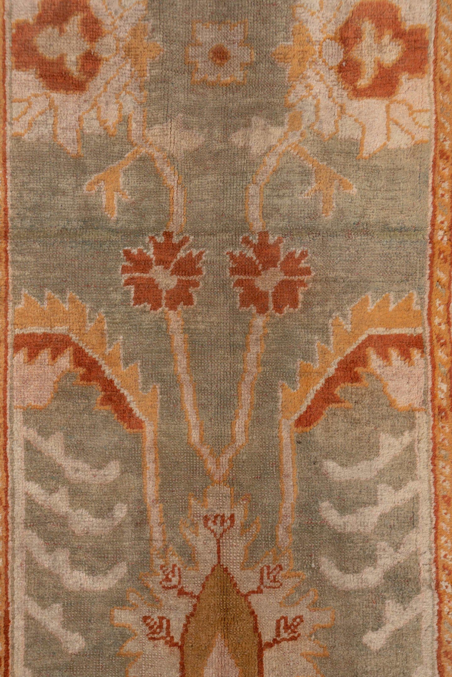 3' x 9' one-of-a-kind handmade antique Oushak runner rug. Color palette: taupe, ivory, rust, camel, sage, beige, gray