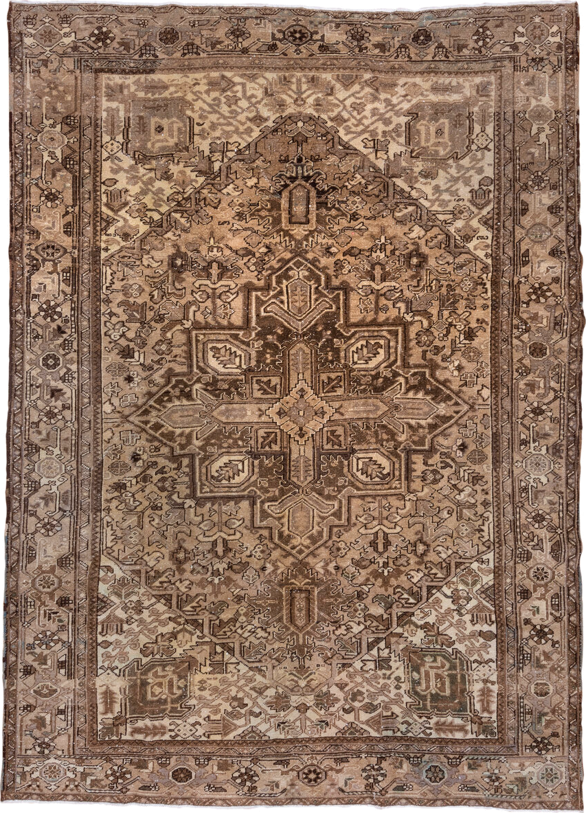 7' x 10' one-of-a-kind handmade vintage Heriz large size rug. Color palette: brown, gray, light gray, off-white, orange