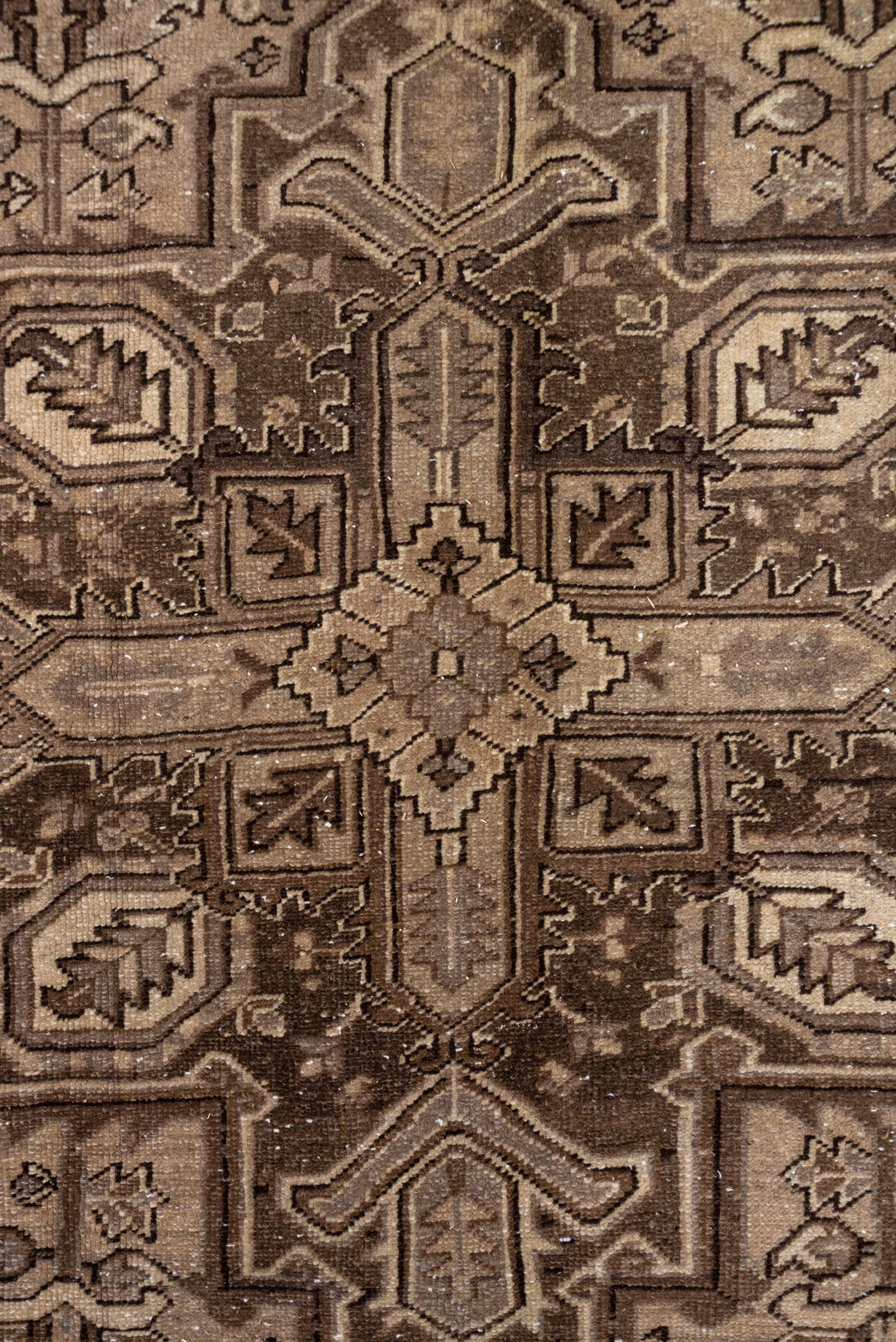 7' x 10' one-of-a-kind handmade antique Heriz large size rug. Color palette: taupe, camel, ivory, brown, beige, charcoal