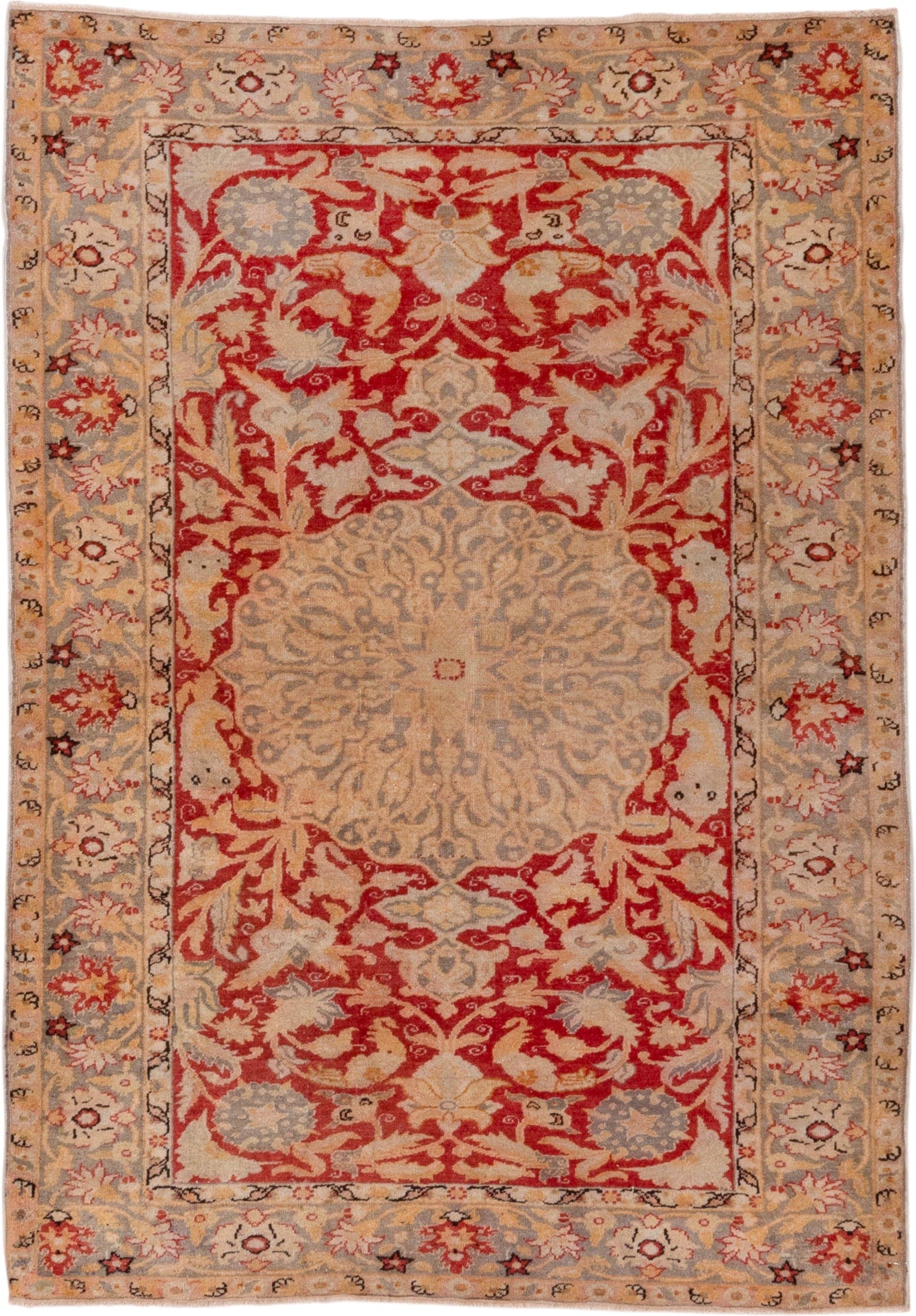 4' x 5' one-of-a-kind handmade antique Kaisary small size rug. Color palette: red, ivory, taupe, beige, slate, camel, gray
