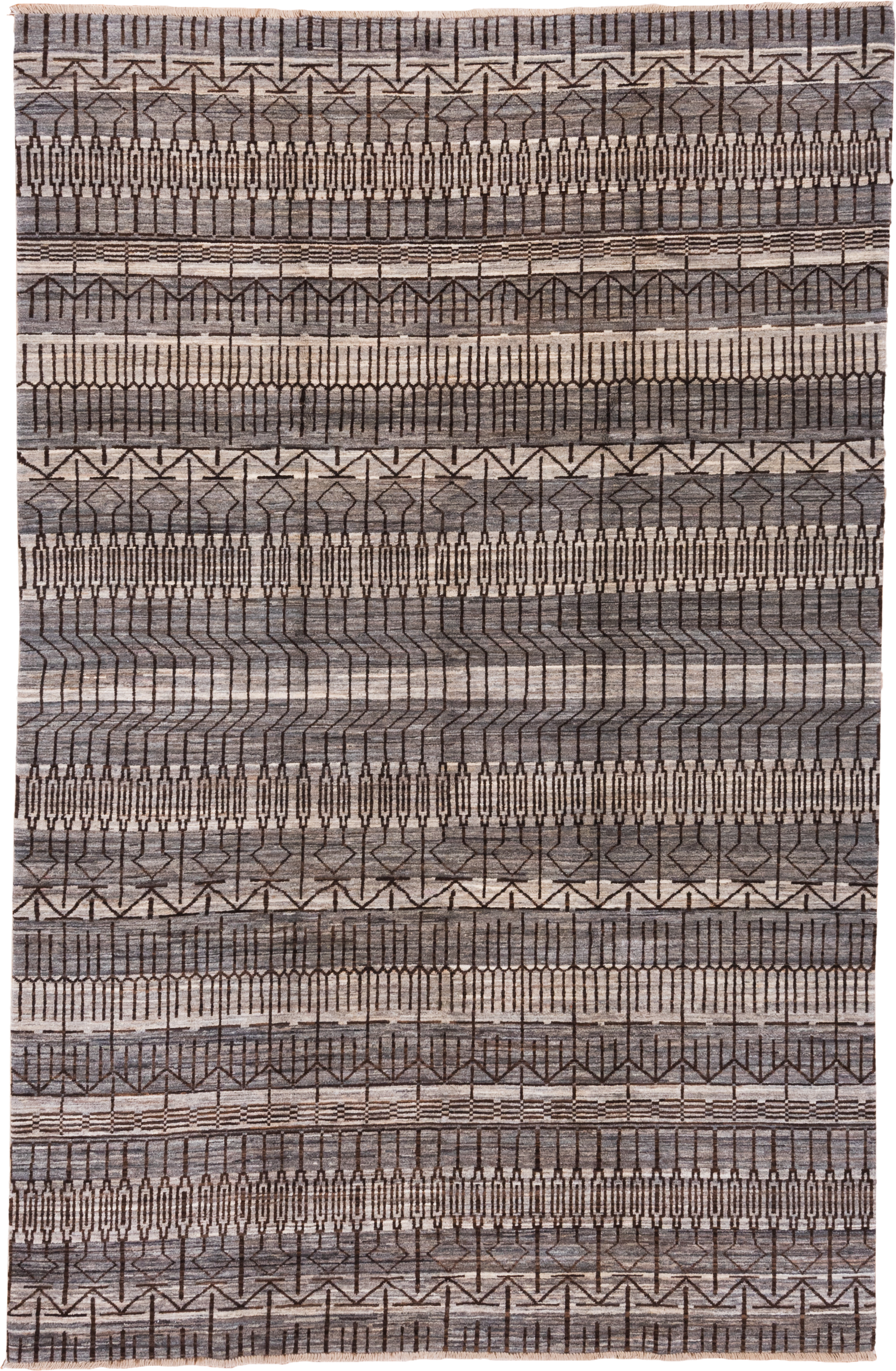 6' x 9' one-of-a-kind handmade vintage Gabbe medium size rug. Color palette: taupe, charcoal, ivory, brown, gray, beige