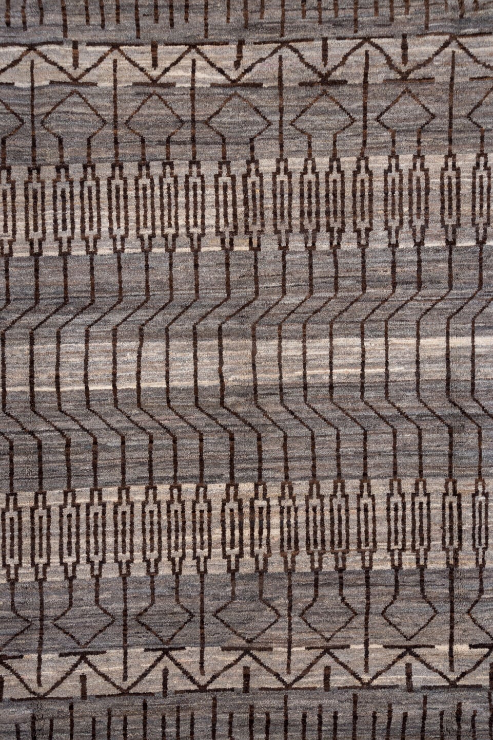 6' x 9' one-of-a-kind handmade vintage Gabbe medium size rug. Color palette: taupe, charcoal, ivory, brown, gray, beige