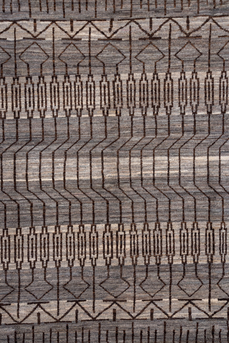 6' x 9' one-of-a-kind handmade vintage Gabbe medium size rug. Color palette: taupe, charcoal, ivory, brown, gray, beige