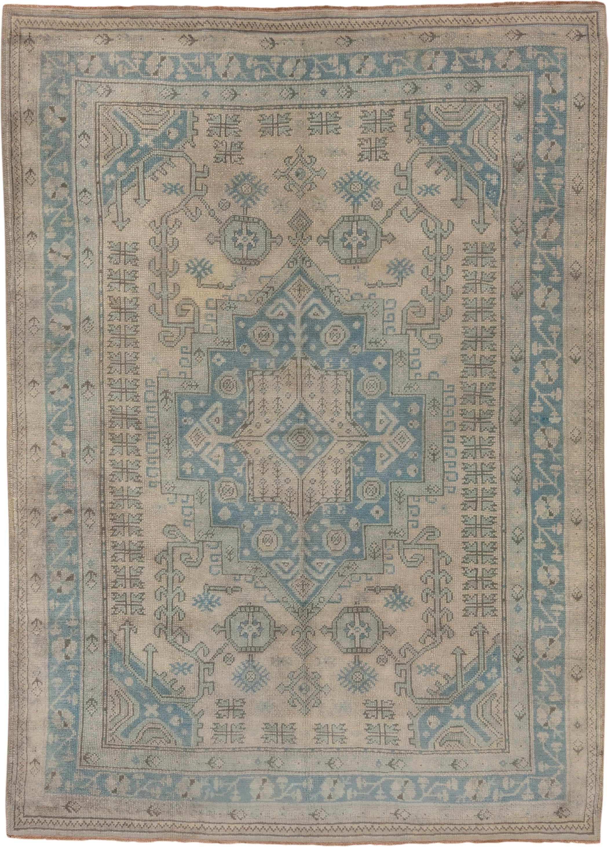 6' x 9' one-of-a-kind handmade antique Oushak medium size rug. Color palette: ivory, powder_blue, sky_blue, taupe, beige