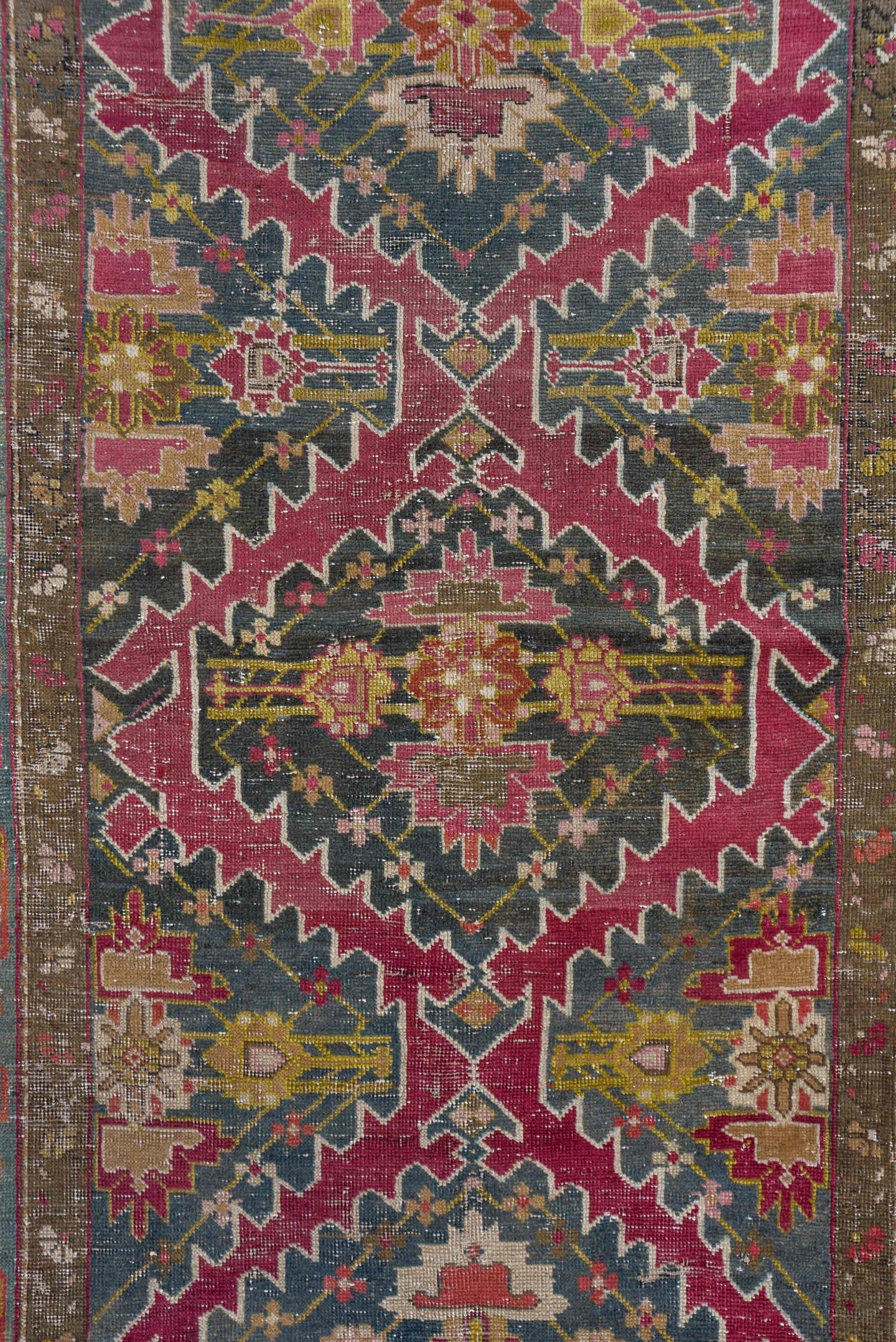 3' x 17' one-of-a-kind handmade antique Karabagh runner rug. Color palette: rose, slate, taupe, burgundy, sage, ivory, gold