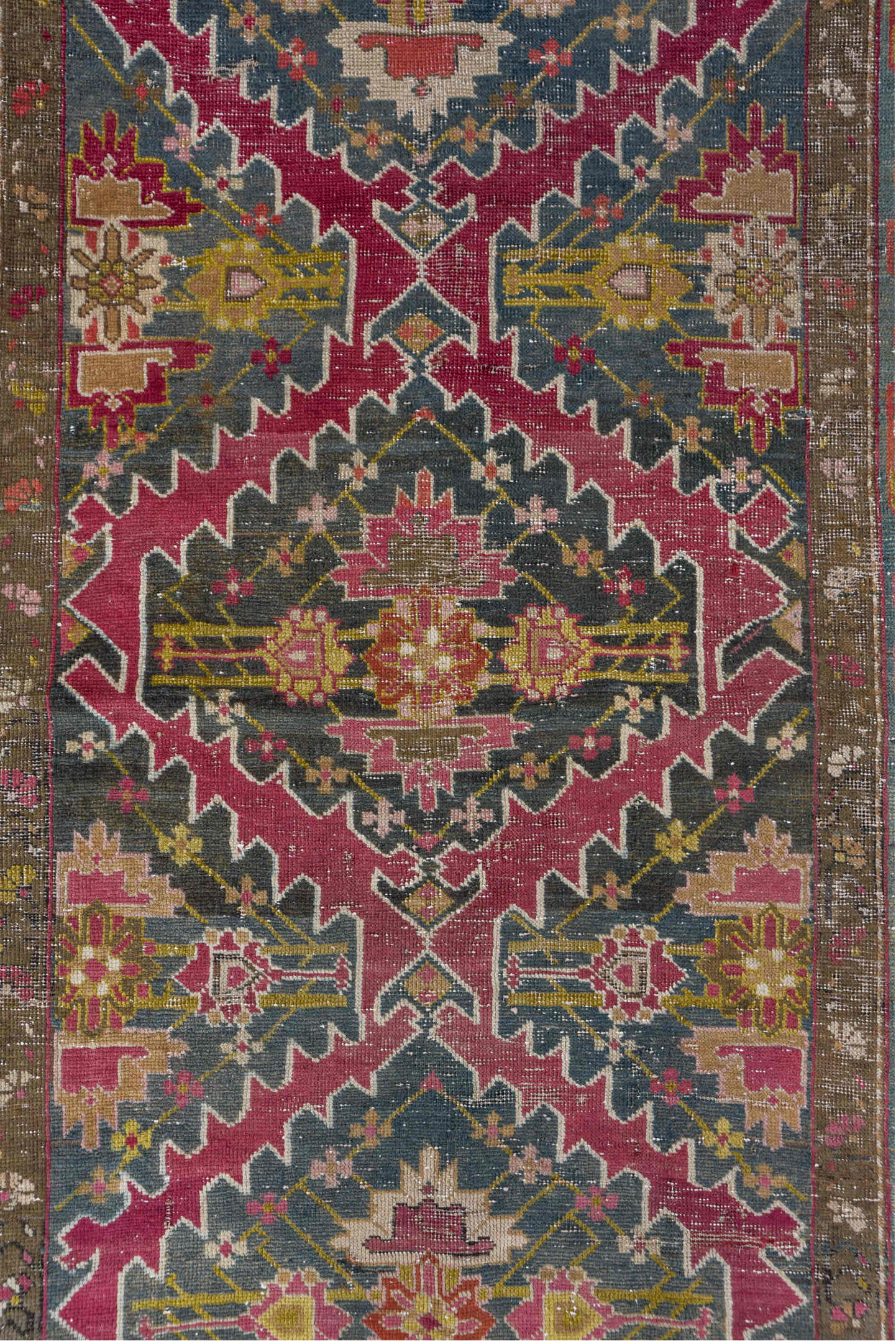 3' x 17' one-of-a-kind handmade antique Karabagh runner rug. Color palette: rose, slate, taupe, burgundy, sage, ivory, gold