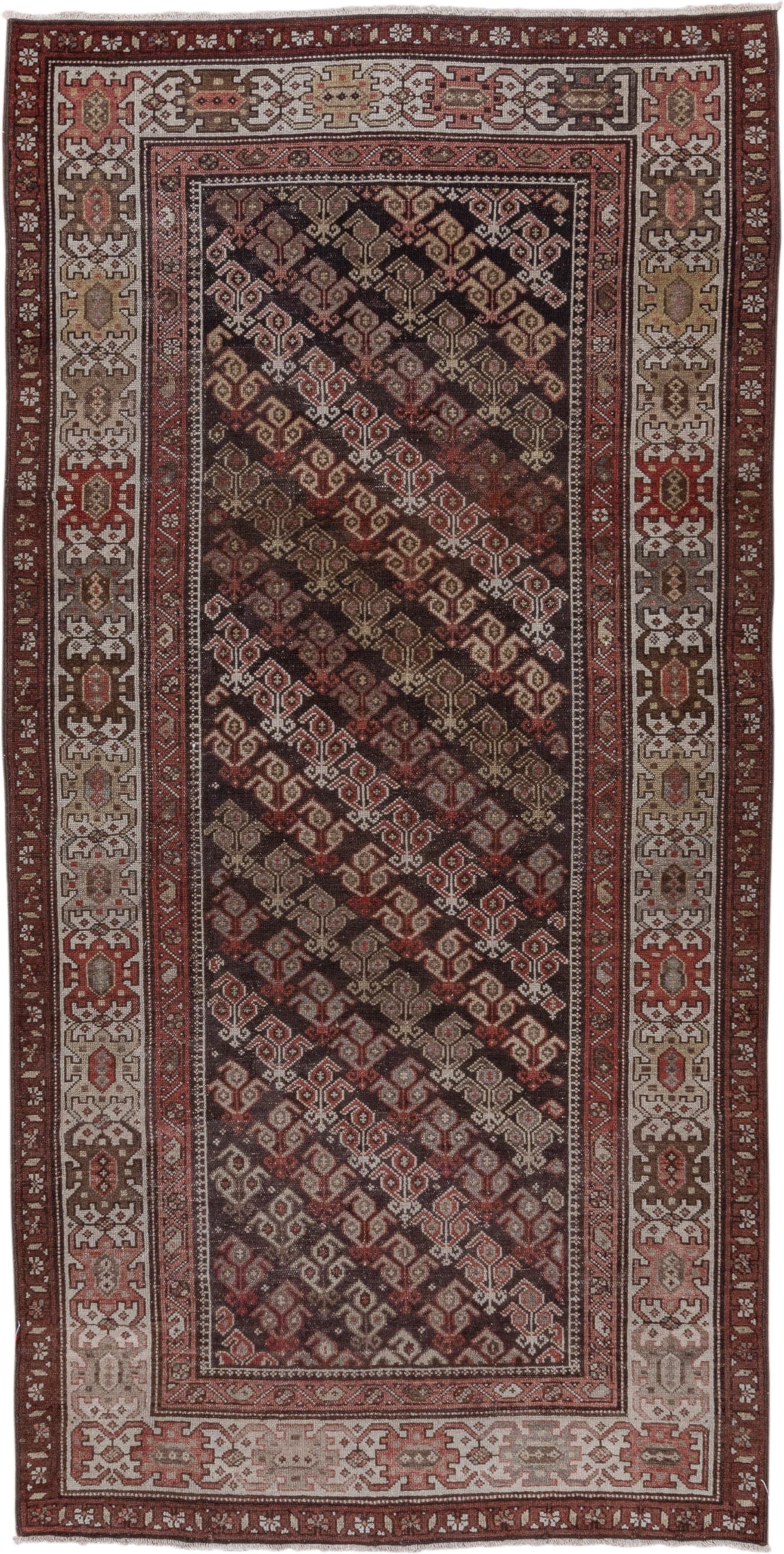4' x 8' one-of-a-kind handmade antique Malayer runner rug. Color palette: brown, ivory, rust, rose, taupe, burgundy