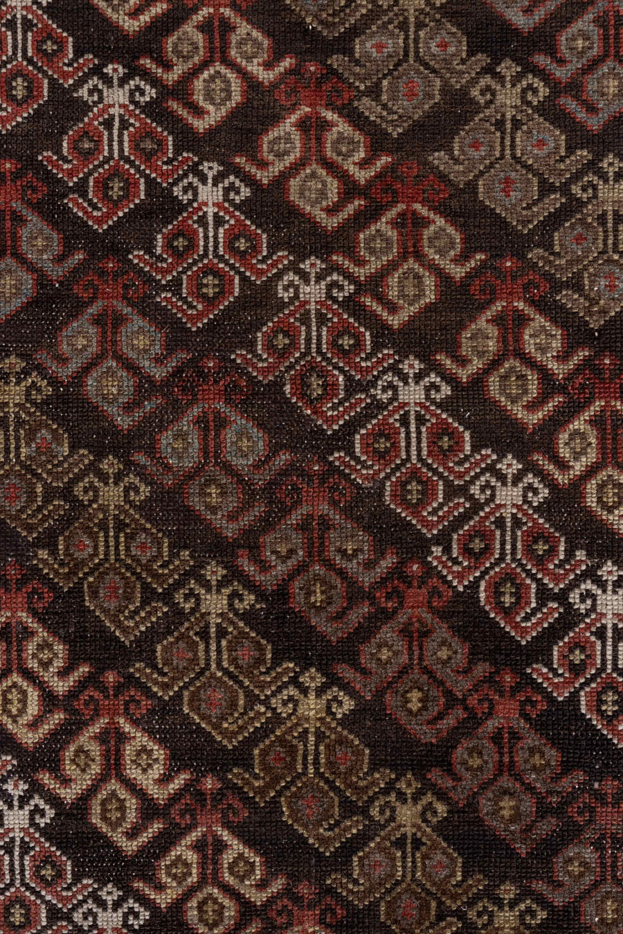 4' x 8' one-of-a-kind handmade antique Malayer runner rug. Color palette: brown, ivory, rust, rose, taupe, burgundy