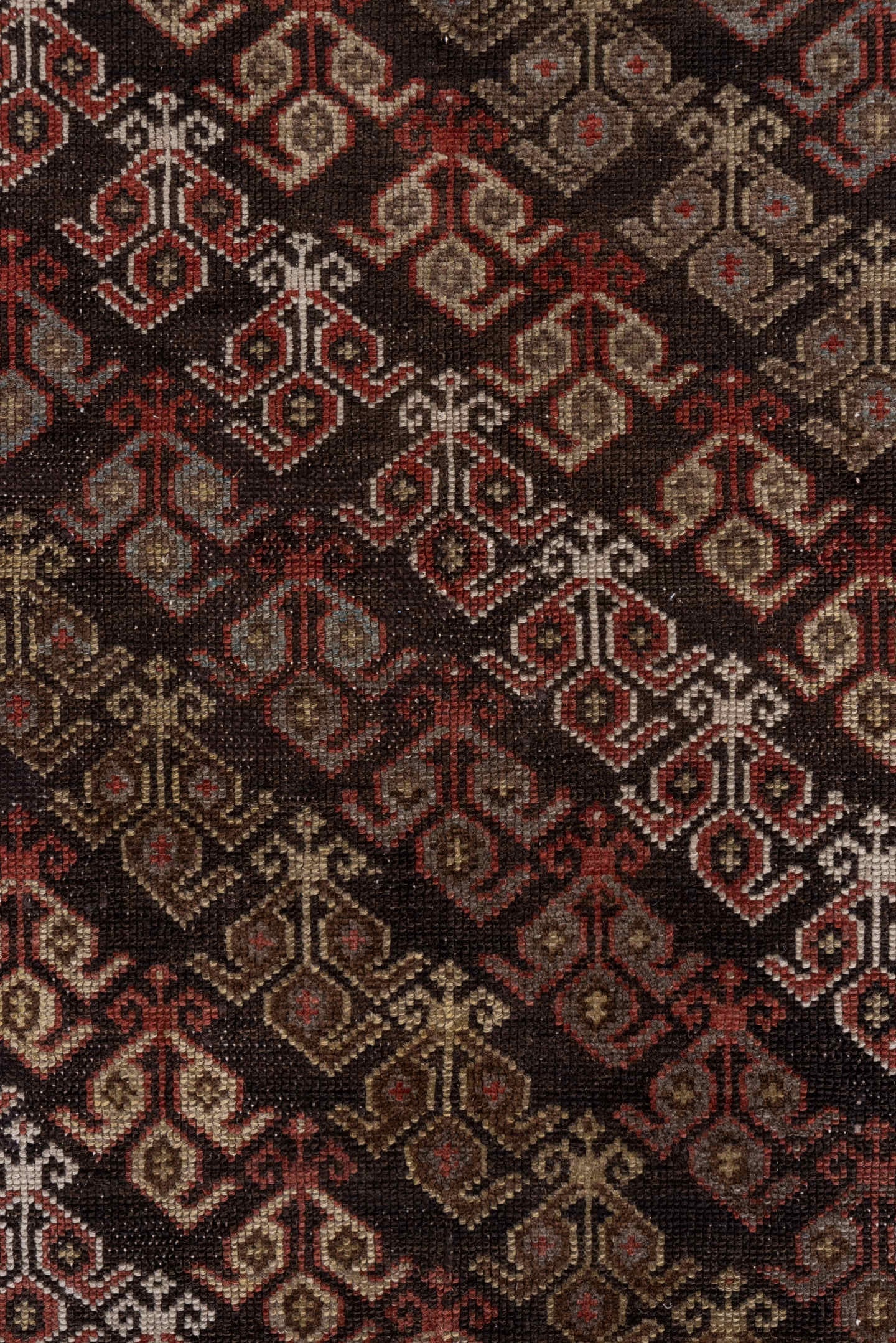 4' x 8' one-of-a-kind handmade antique Malayer runner rug. Color palette: brown, ivory, rust, rose, taupe, burgundy