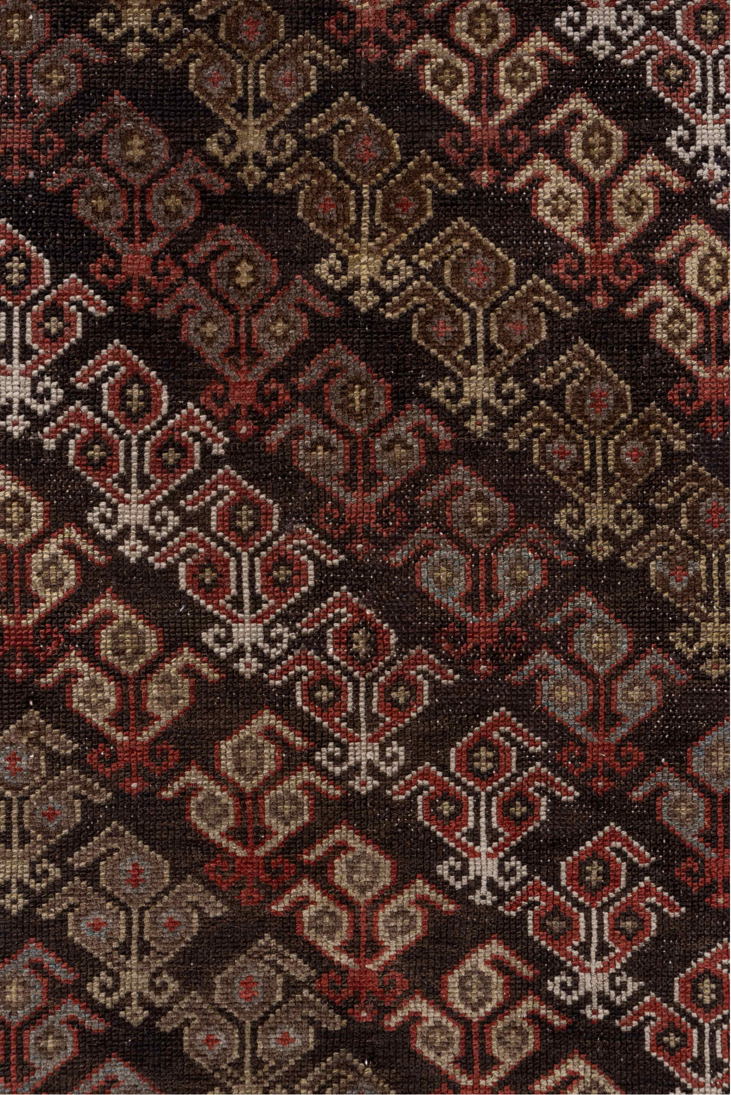4' x 8' one-of-a-kind handmade antique Malayer runner rug. Color palette: brown, ivory, rust, rose, taupe, burgundy