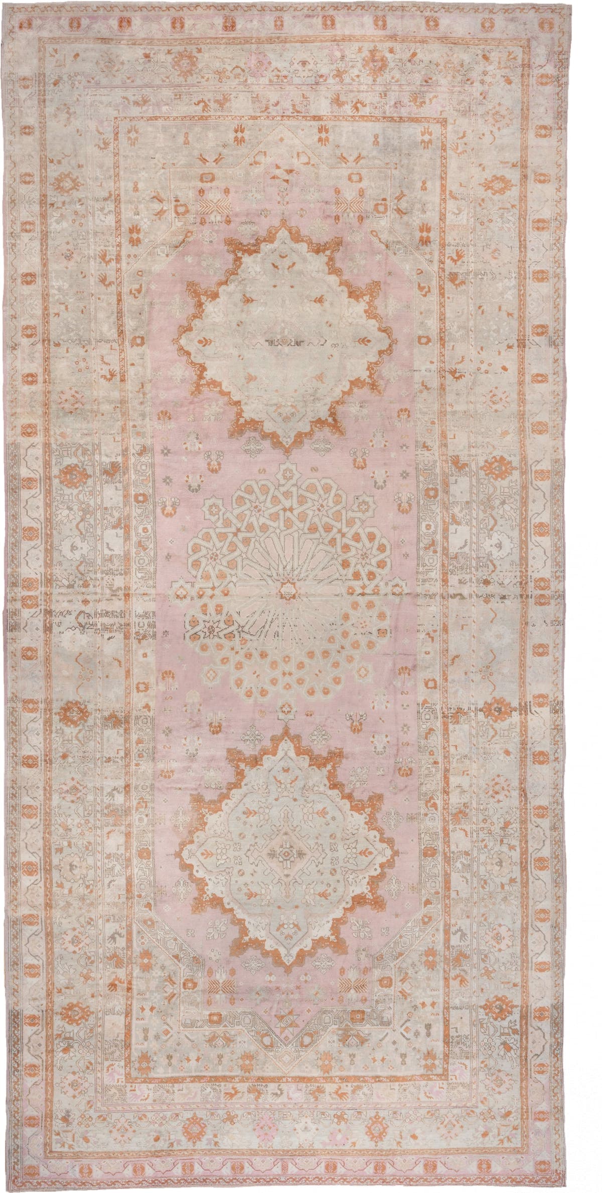 10' x 21' one-of-a-kind handmade antique Oushak rug. Color palette: ivory, blush, peach, taupe, camel, sage, pink