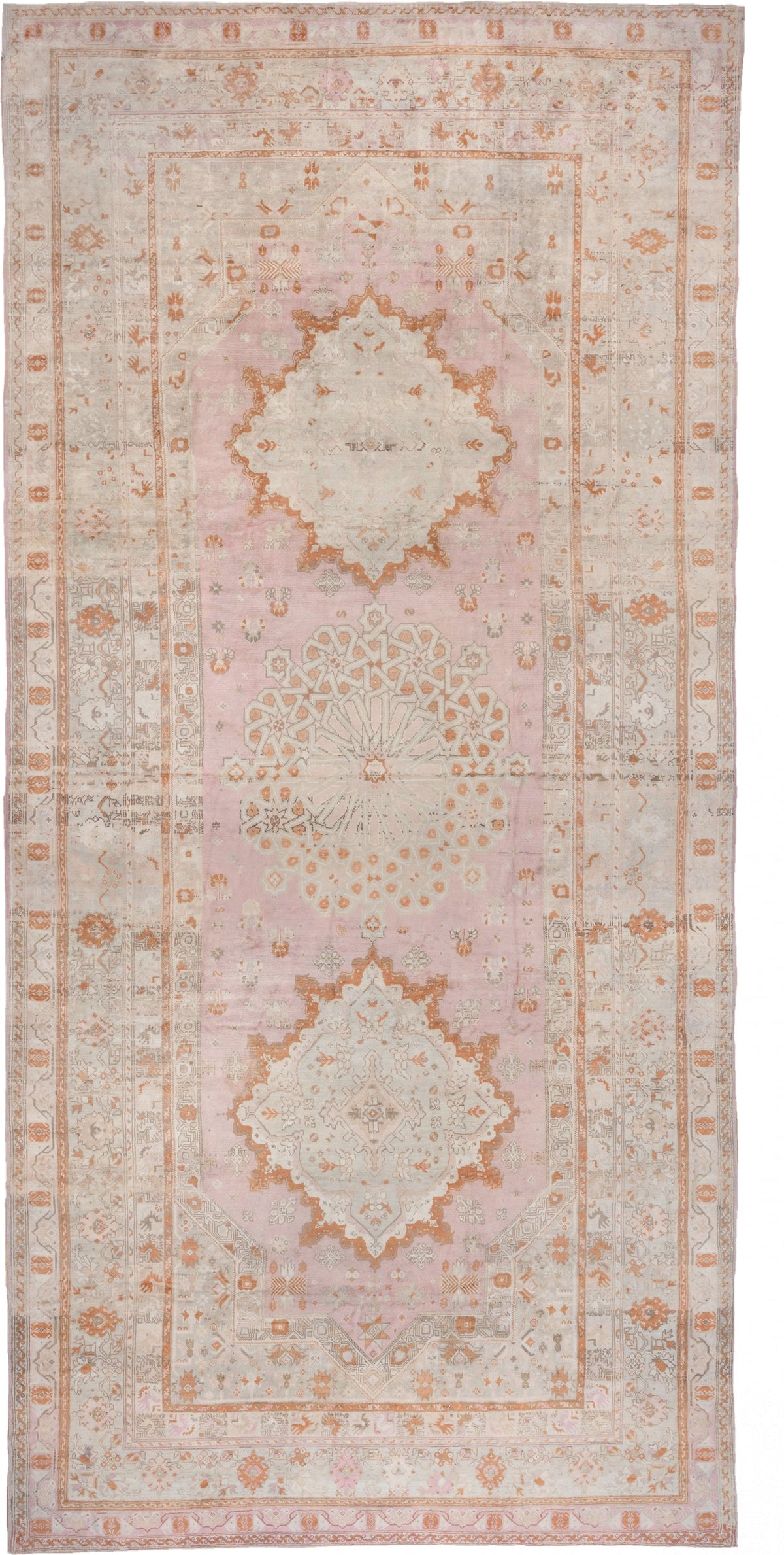 10' x 21' one-of-a-kind handmade antique Oushak rug. Color palette: ivory, blush, peach, taupe, camel, sage, pink