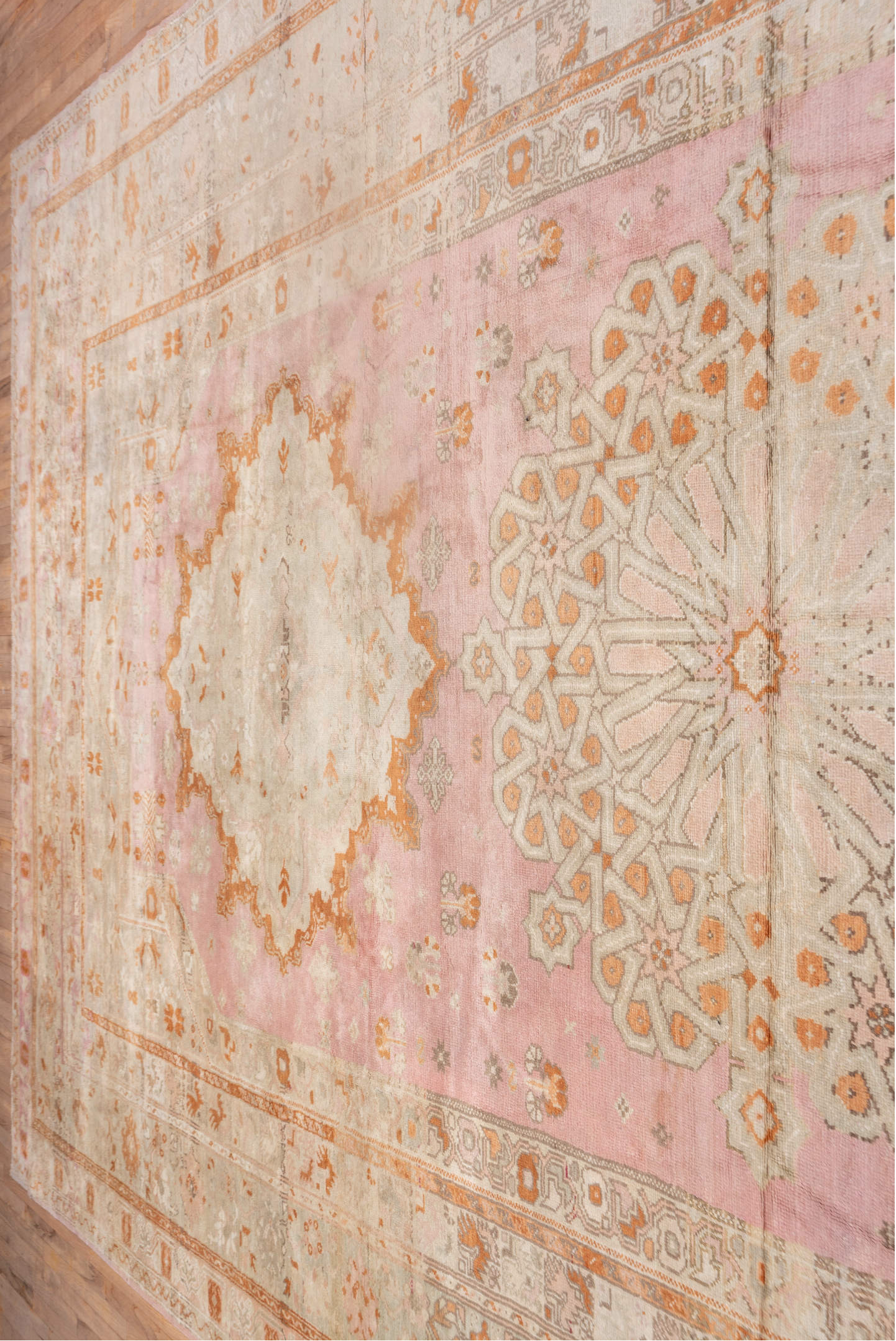 10' x 21' one-of-a-kind handmade vintage Oushak rug. Color palette: brown, gray, light gray, off-white, pink