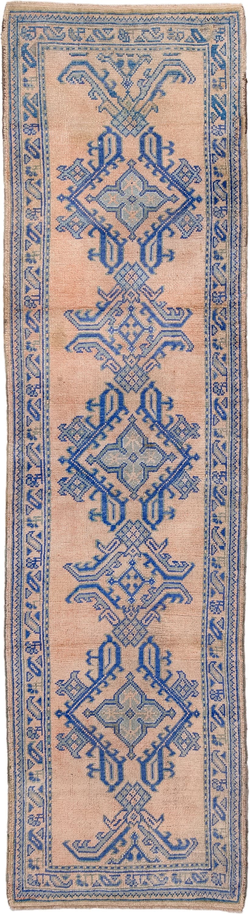 3' x 11' one-of-a-kind handmade antique Oushak runner rug. Color palette: peach, sky blue, ivory, beige, camel, terracotta