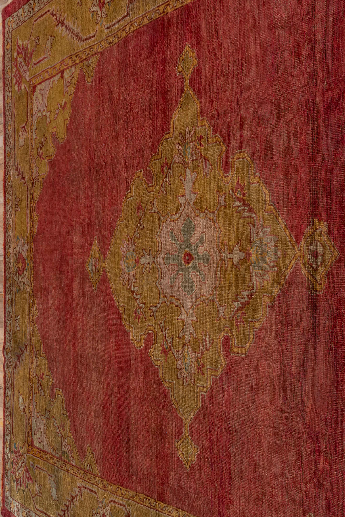 8' x 11' one-of-a-kind handmade vintage Oushak large size rug. Color palette: brown, off-white, orange, pink, red