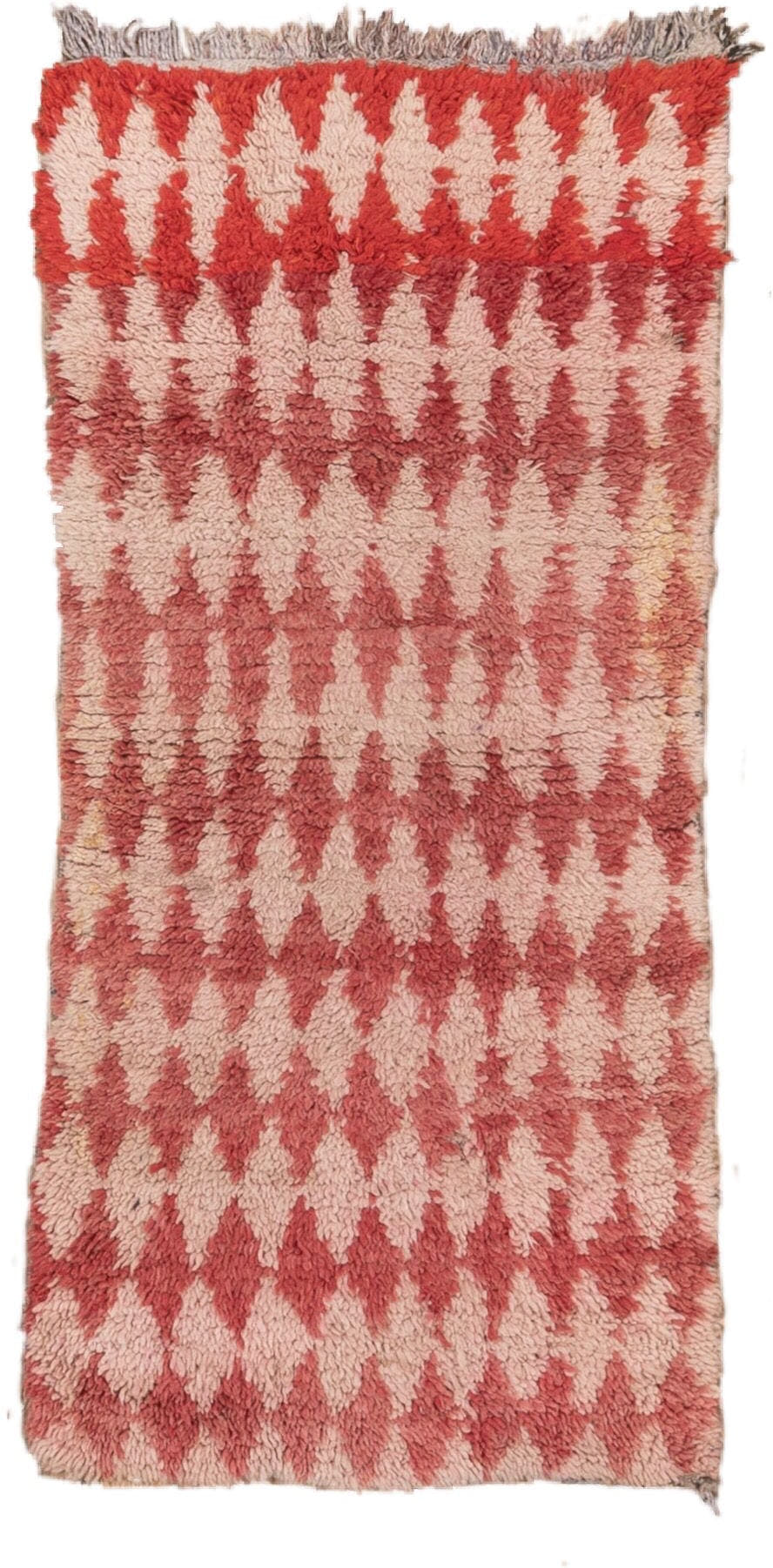 2' x 5' one-of-a-kind handmade vintage Moroccan small size rug. Color palette: rose, ivory, coral, blush, taupe, pink, red