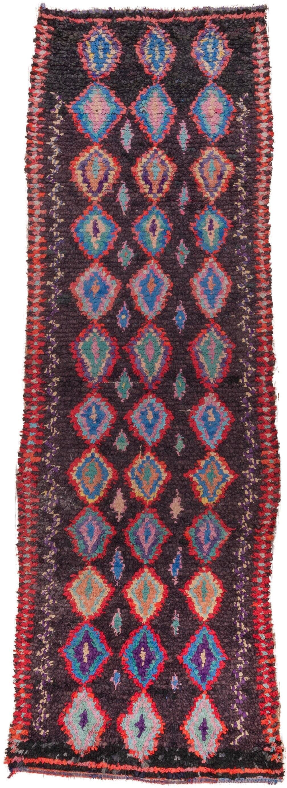 3' x 10' one-of-a-kind handmade vintage Rag Rug runner rug. Color palette: charcoal, crimson, turquoise, lavender, coral