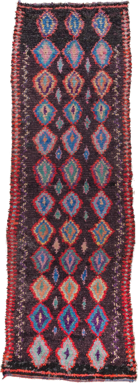 3' x 10' one-of-a-kind handmade vintage Rag Rug runner rug. Color palette: blue, brown, dim gray, gray, pink, red
