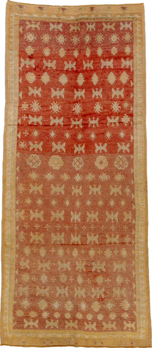 4' x 10' one-of-a-kind handmade vintage Moroccan runner rug. Color palette: brown, off-white, orange, red, sienna, tan