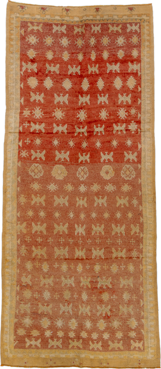 4' x 10' one-of-a-kind handmade vintage Moroccan runner rug. Color palette: brown, off-white, orange, red, sienna, tan