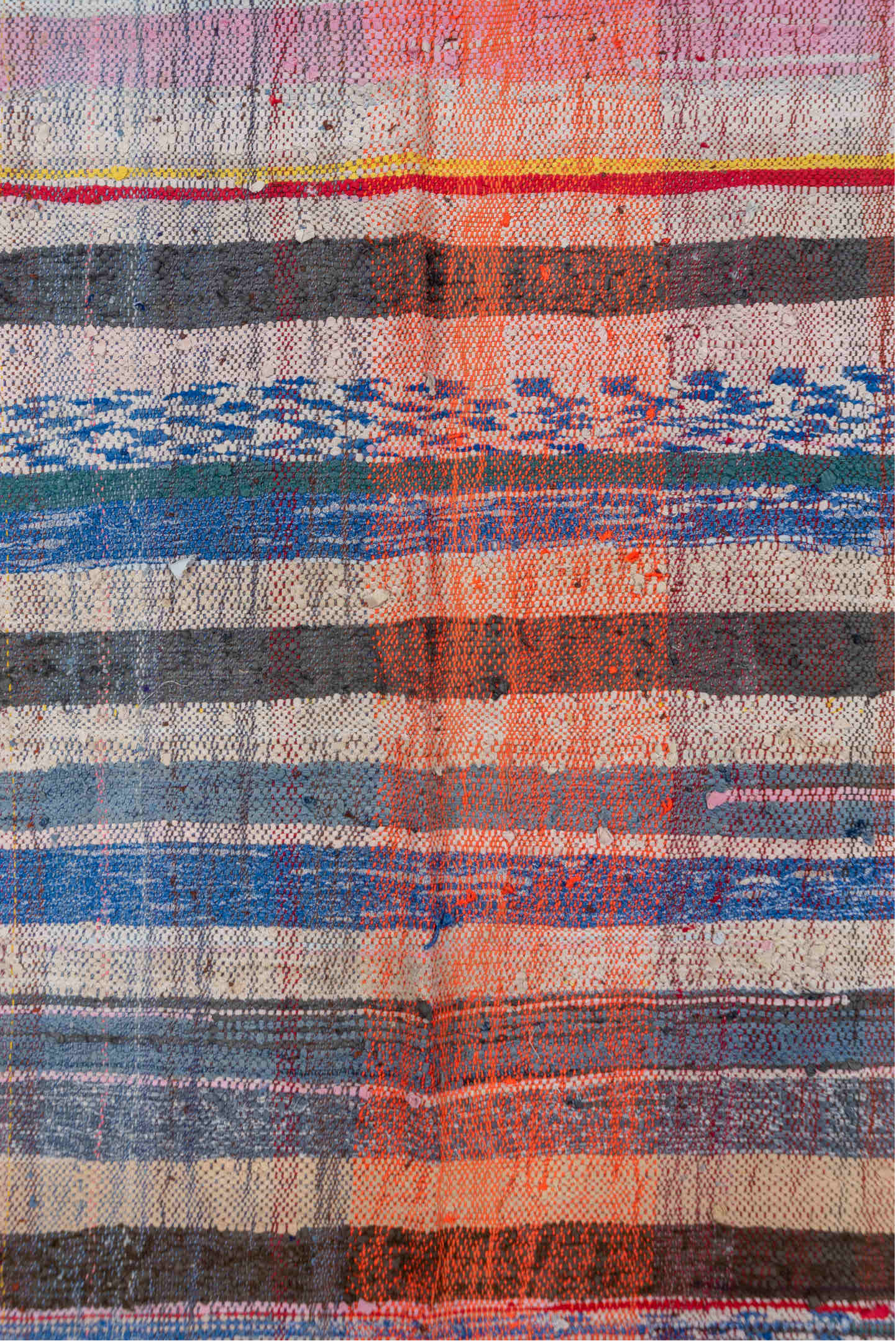 5' x 6' one-of-a-kind handmade vintage Textile rug. Color palette: ivory, indigo, charcoal, rose, coral, slate, yellow