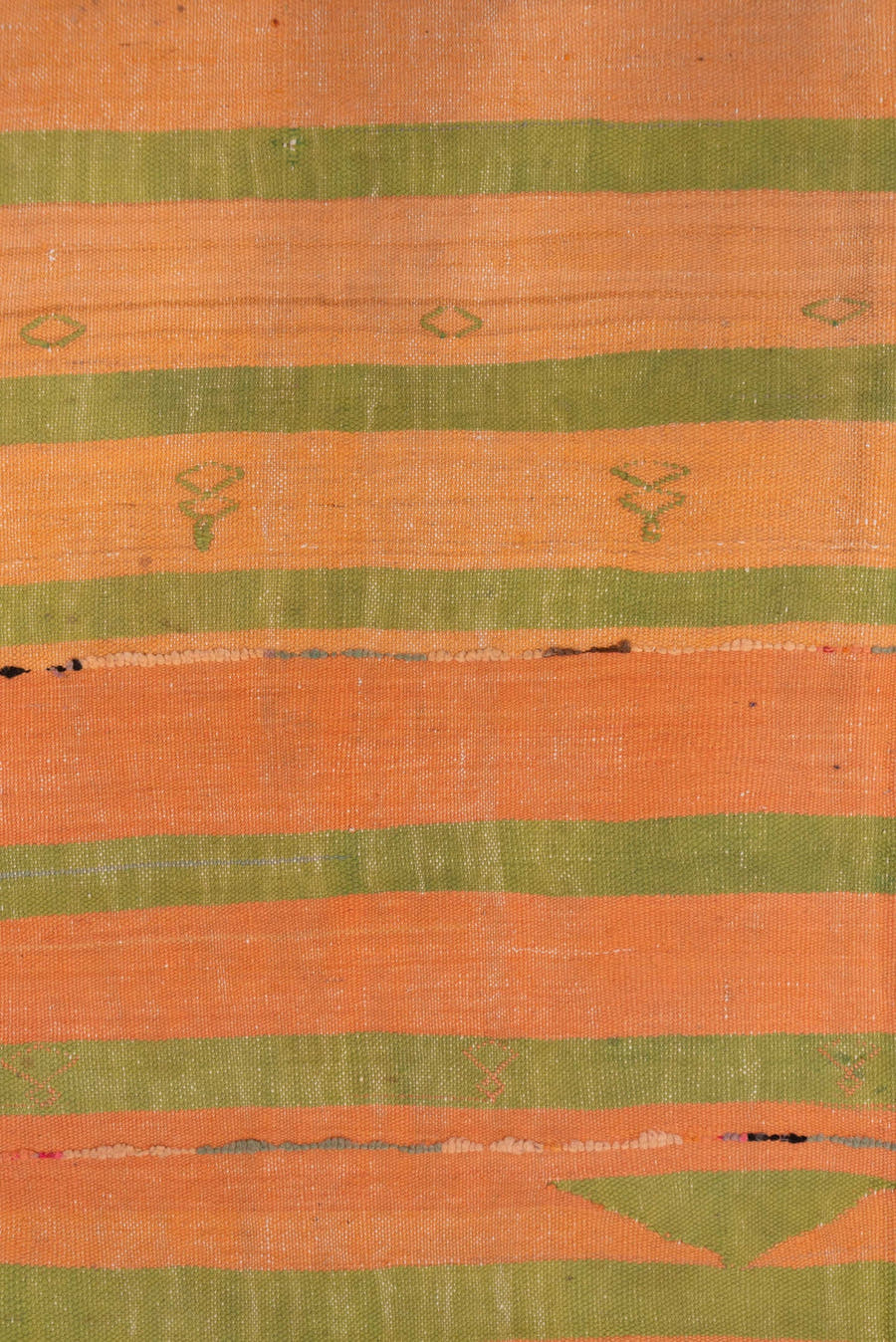 5' x 10' one-of-a-kind handmade vintage Blanket medium size rug. Color palette: peach, olive, green, brown, coral, ivory