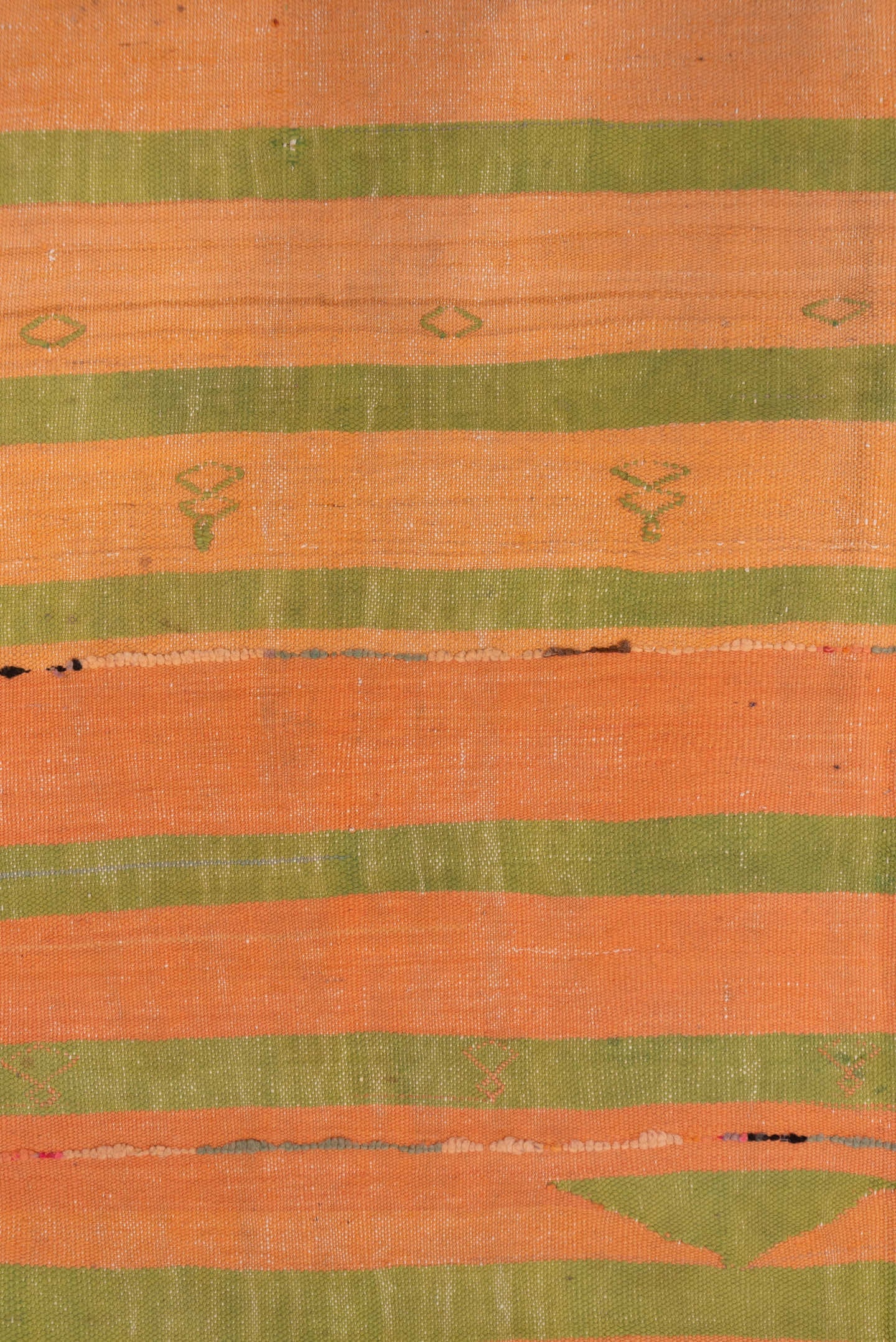 5' x 10' one-of-a-kind handmade vintage Blanket medium size rug. Color palette: peach, olive, green, brown, coral, ivory