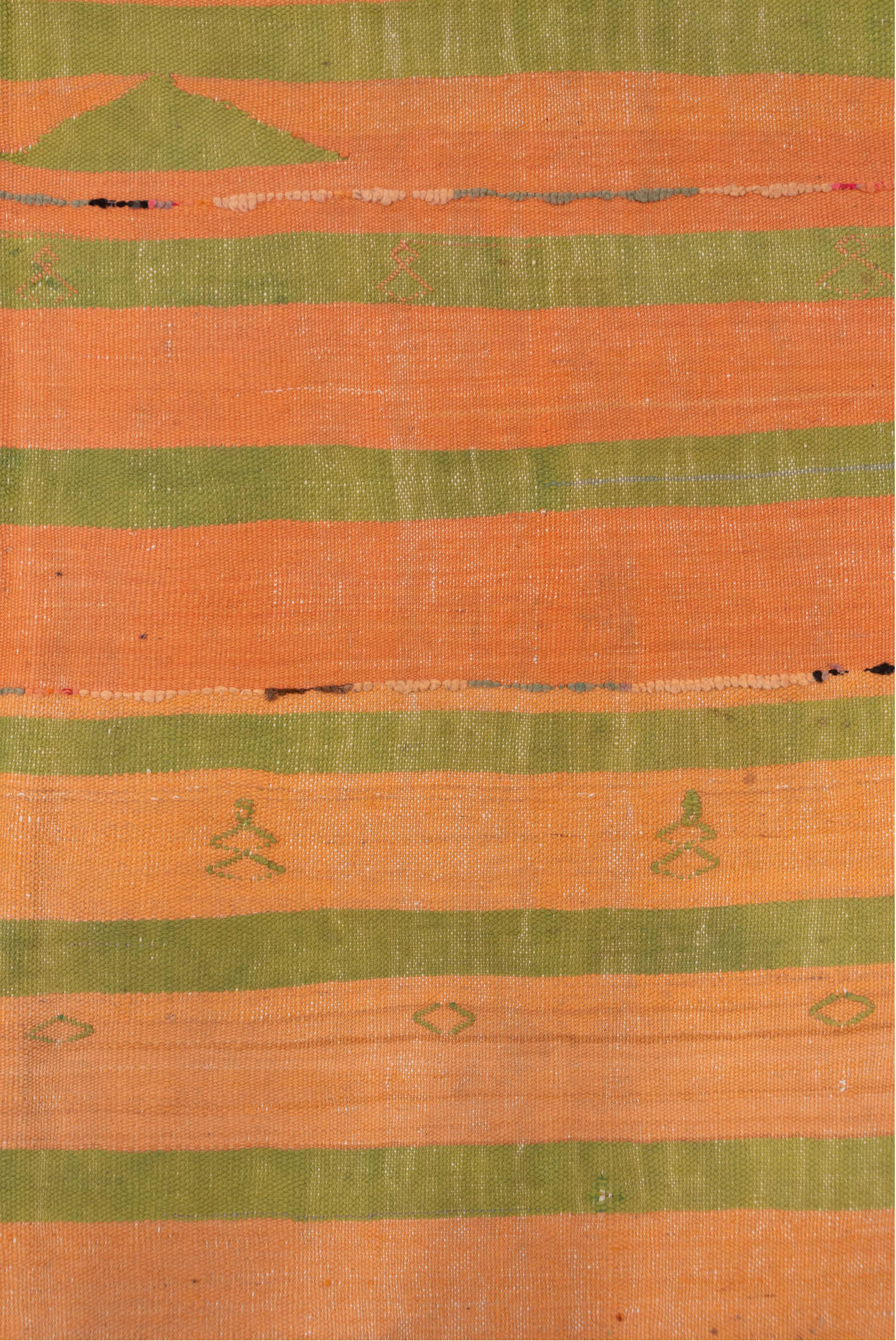 5' x 10' one-of-a-kind handmade vintage Blanket medium size rug. Color palette: peach, olive, green, brown, coral, ivory