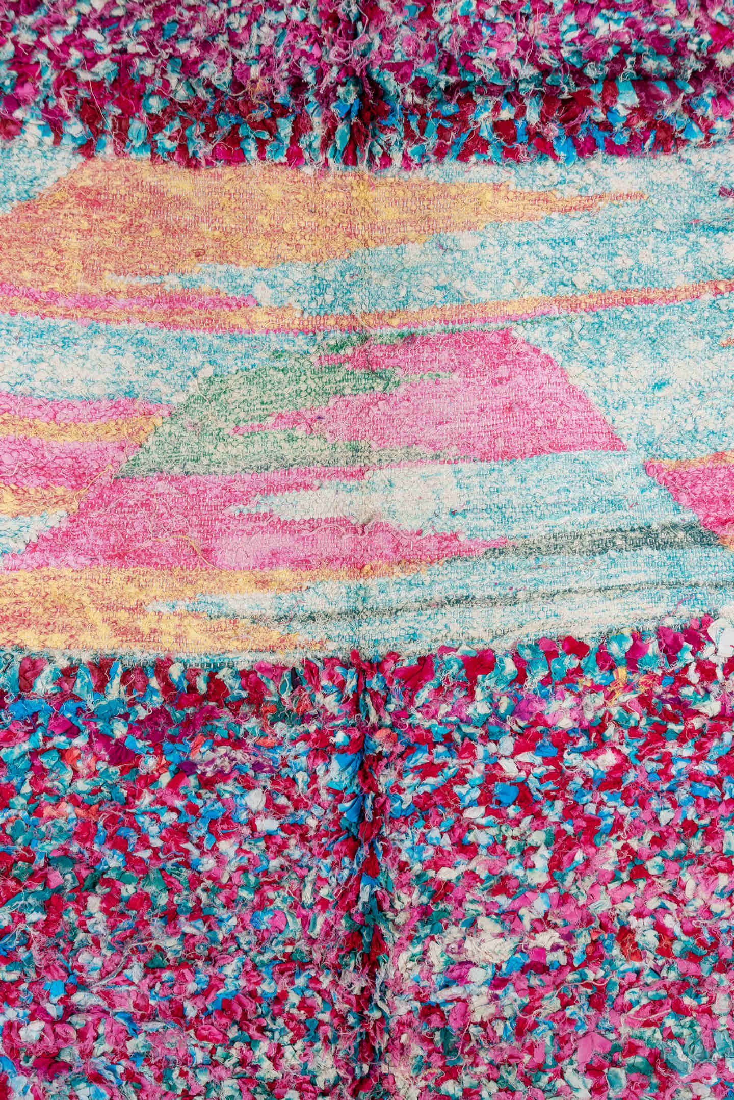 4' x 9' one-of-a-kind handmade vintage Rag Rug rug. Color palette: pink, turquoise, ivory, burgundy, rose, taupe, gold, teal