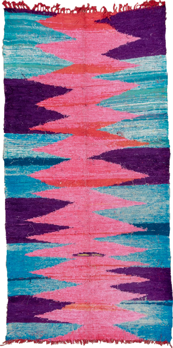 4' x 8' one-of-a-kind handmade vintage Flatweave runner rug. Color palette: blue, brown, gray, green, light blue, light gray