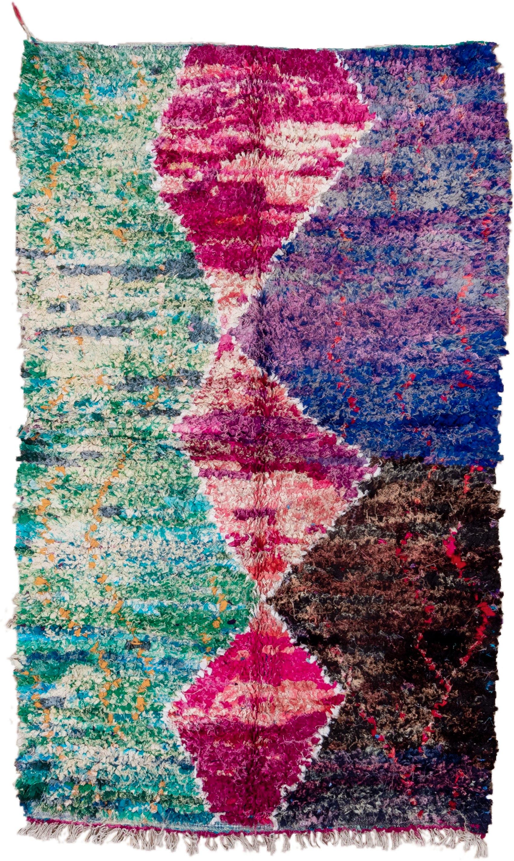5' x 8' one-of-a-kind handmade vintage Rag Rug medium size rug. Color palette: turquoise, cobalt, fuchsia, violet, ivory