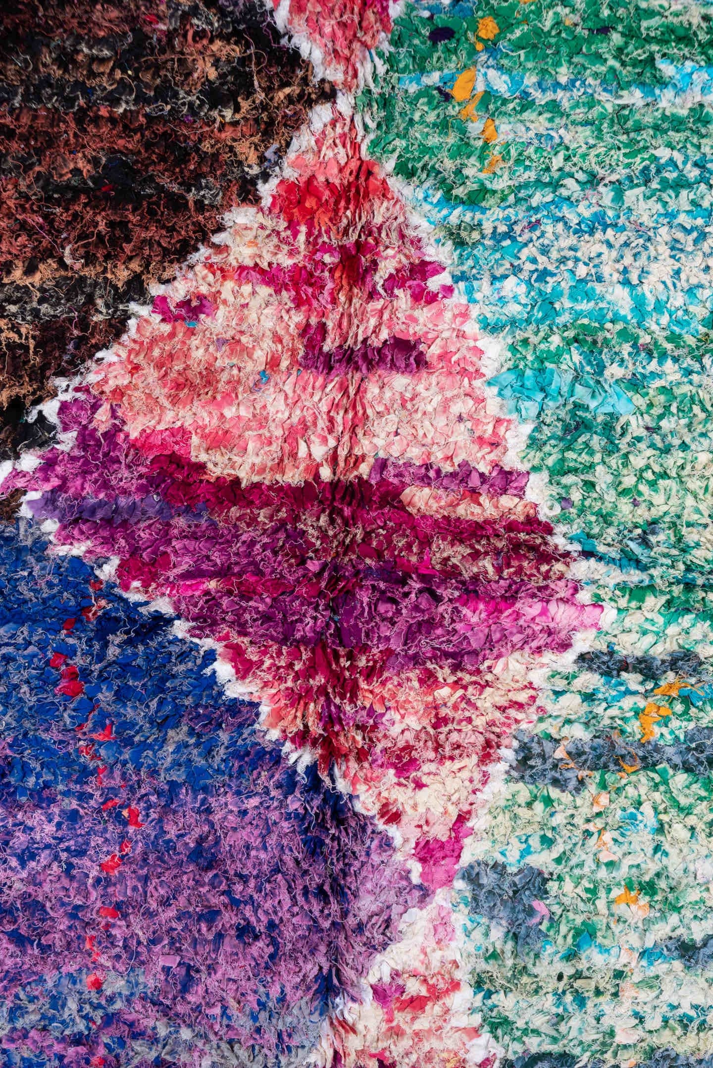 5' x 8' one-of-a-kind handmade vintage Rag Rug medium size rug. Color palette: turquoise, cobalt, fuchsia, violet, ivory