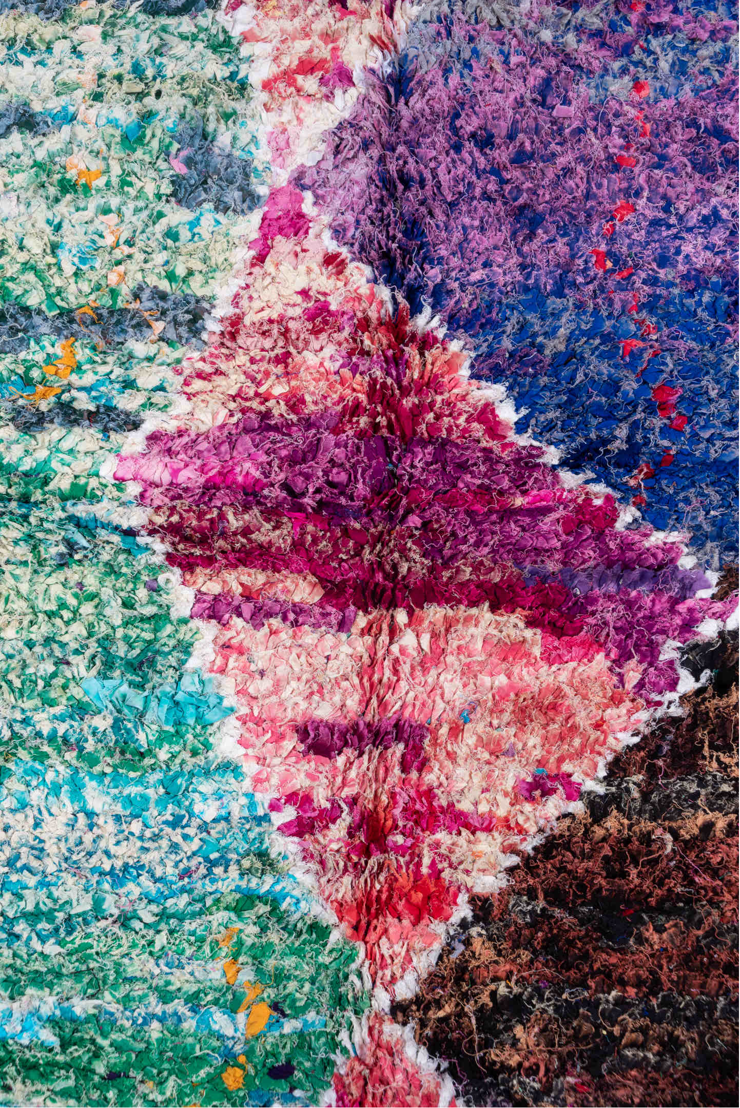 5' x 8' one-of-a-kind handmade vintage Rag Rug medium size rug. Color palette: blue, brown, gray, green, light gray