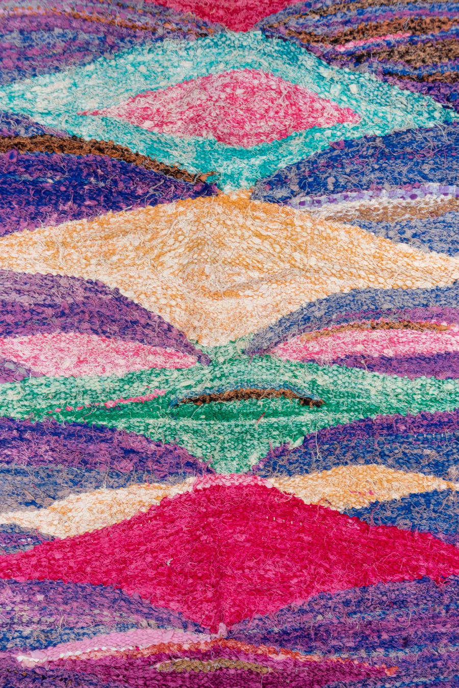 4' x 8' one-of-a-kind handmade vintage Flatweave rug. Color palette: violet, cobalt, magenta, aqua, blush, ivory, gray
