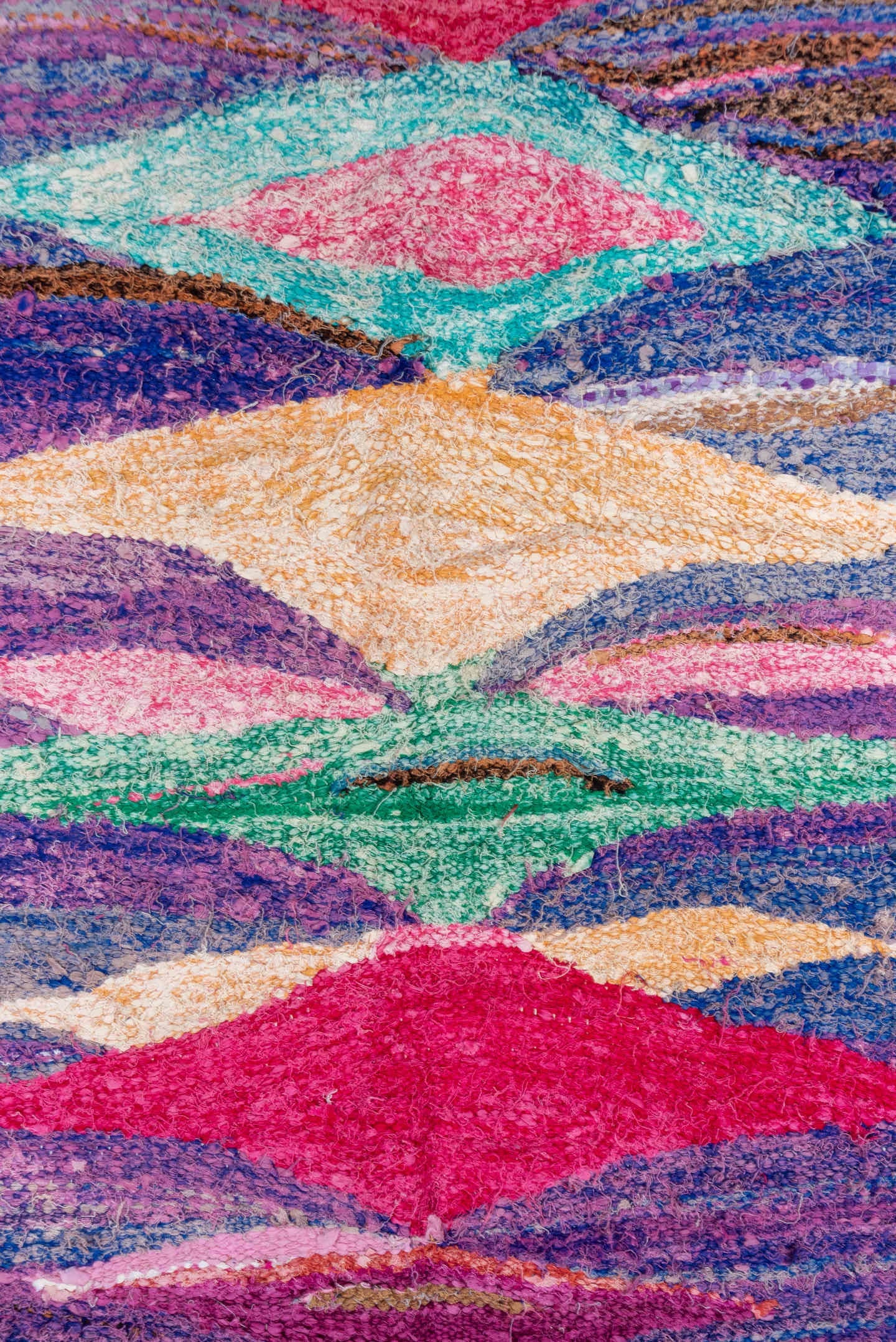 4' x 8' one-of-a-kind handmade vintage Flatweave rug. Color palette: violet, cobalt, magenta, aqua, blush, ivory, gray