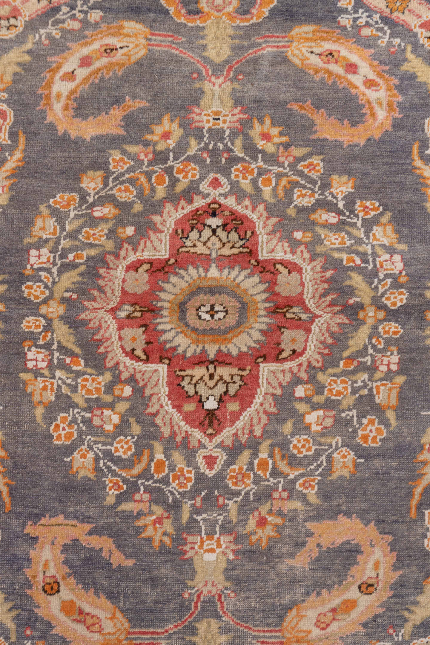 4' x 6' one-of-a-kind handmade antique Kaisary small size rug. Color palette: slate, coral, rust, ivory, gold, rose, camel