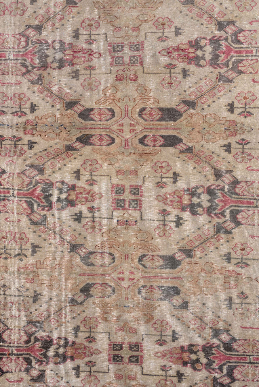 6' x 9' one-of-a-kind handmade antique Sivas medium size rug. Color palette: ivory, taupe, rose, charcoal, terra cotta