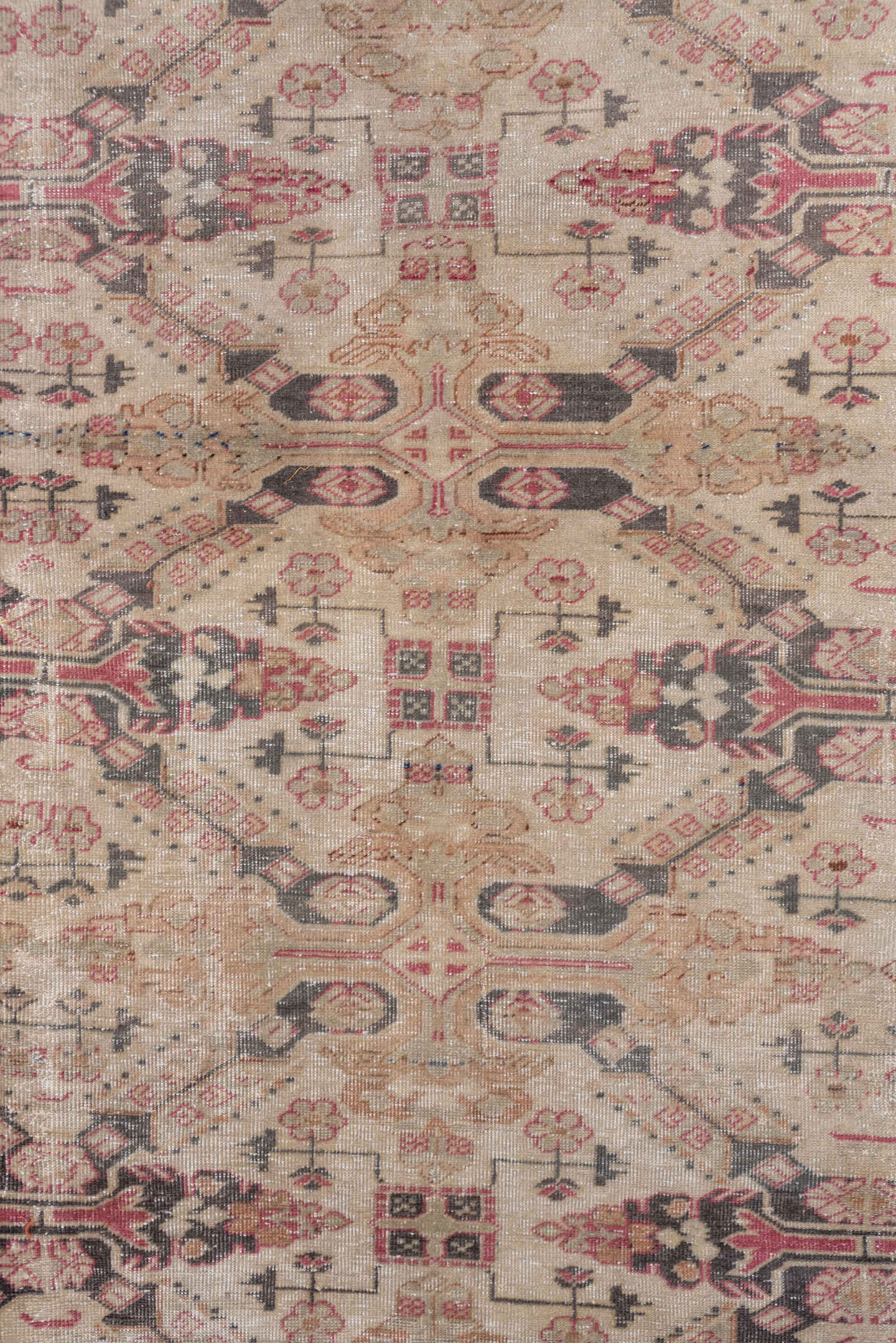 6' x 9' one-of-a-kind handmade antique Sivas medium size rug. Color palette: ivory, taupe, rose, charcoal, terra cotta
