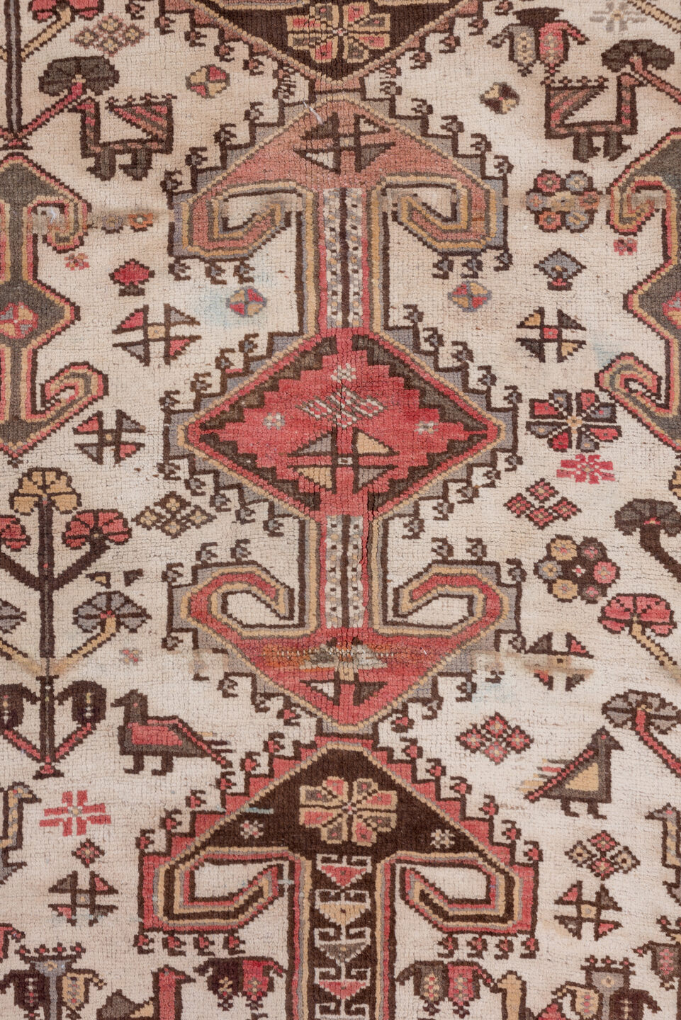 4' x 6' one-of-a-kind handmade antique Afshar small size rug. Color palette: ivory, rust, burgundy, brown, rose, taupe
