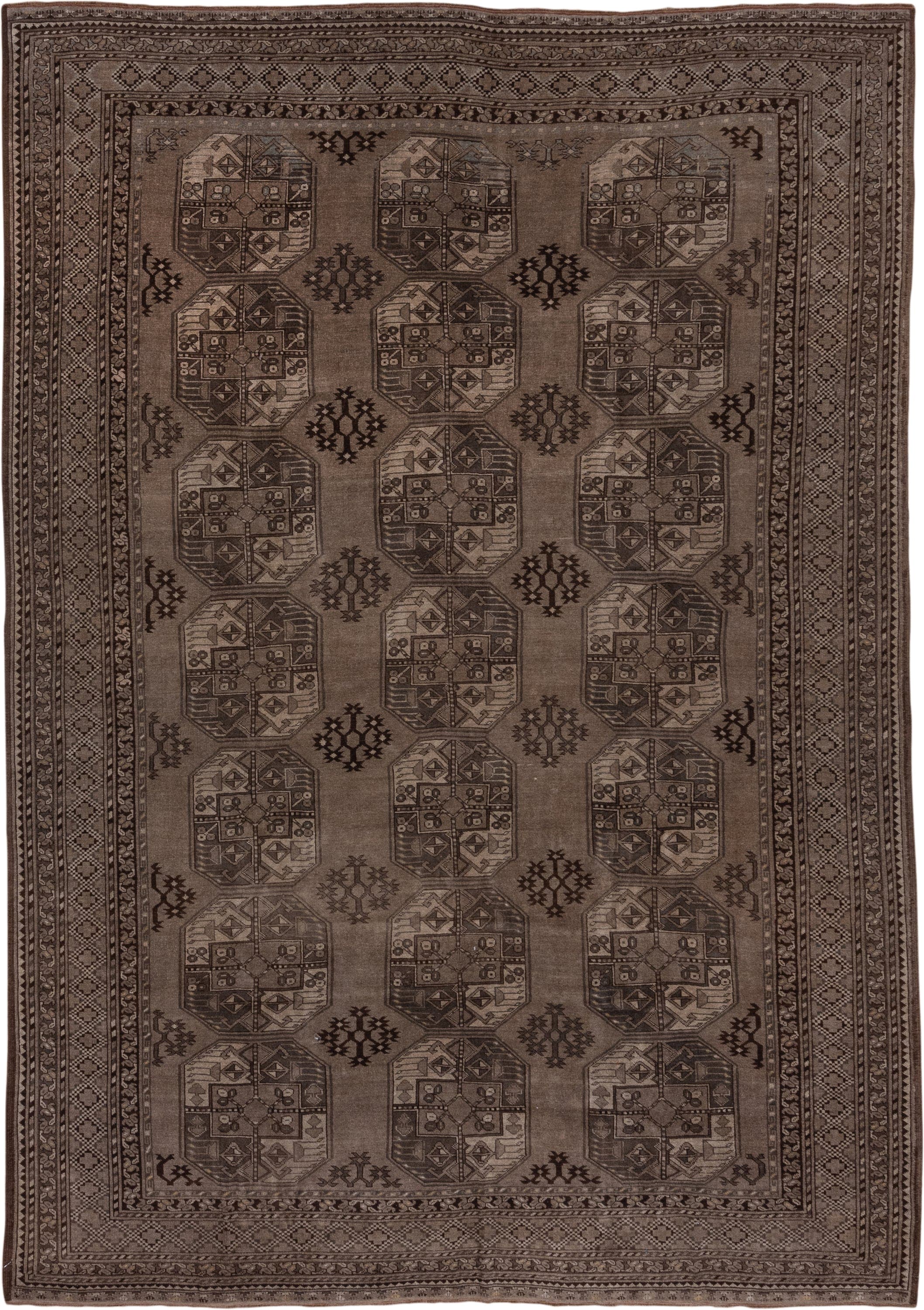 8' x 12' one-of-a-kind handmade antique Afghan large size rug. Color palette: taupe, brown, charcoal, camel, ivory, beige