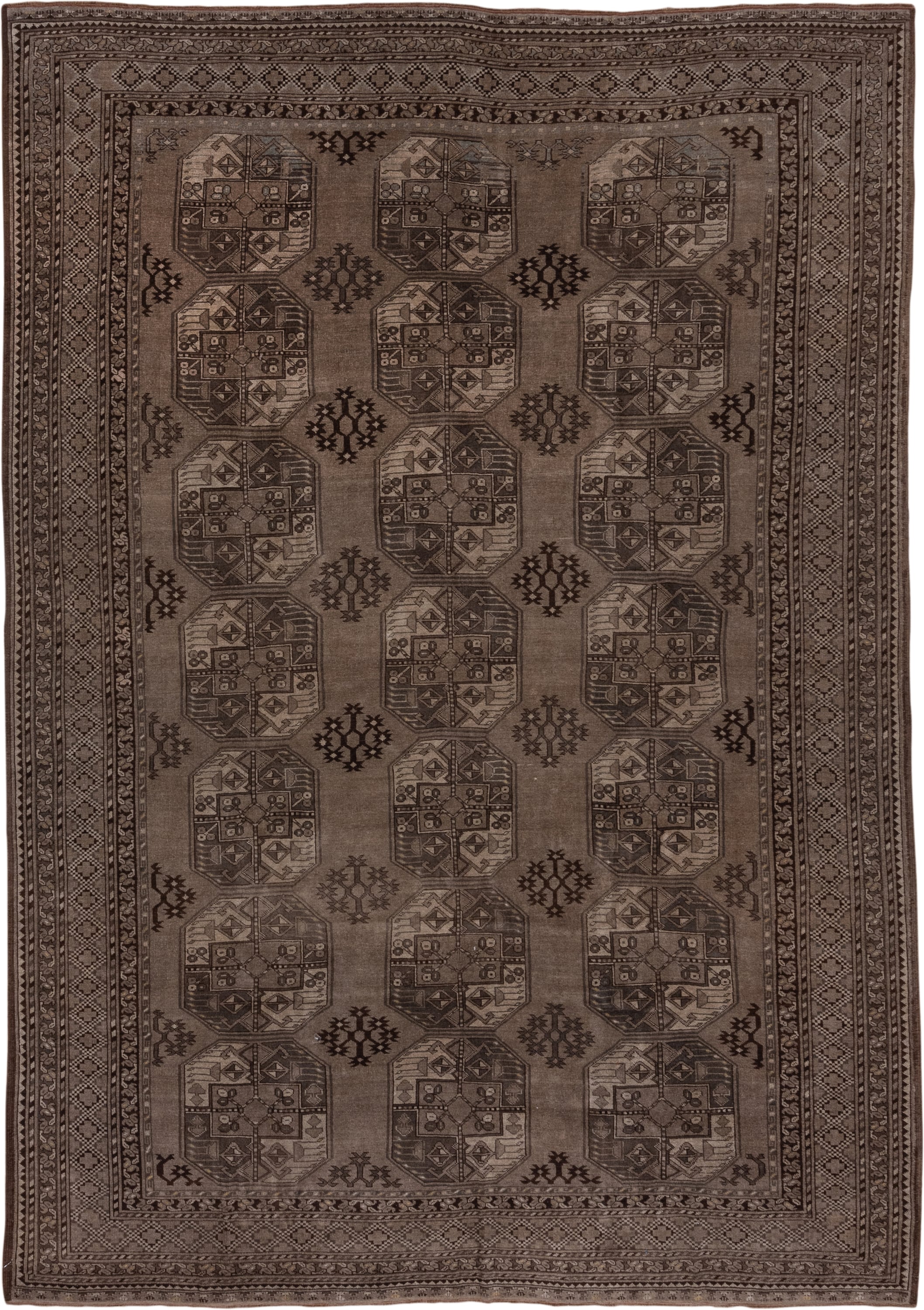 8' x 12' one-of-a-kind handmade antique Afghan large size rug. Color palette: taupe, brown, charcoal, camel, ivory, beige