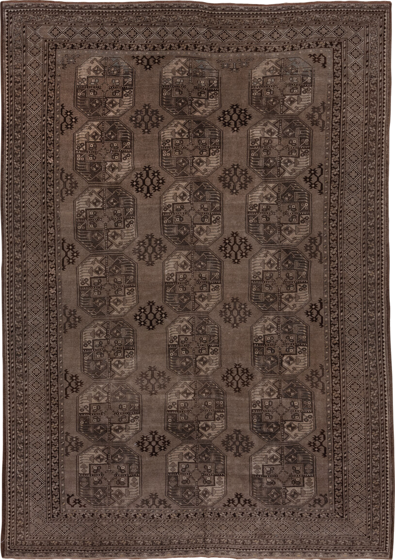 8' x 12' one-of-a-kind handmade vintage Afghan large size rug. Color palette: brown, gray, light gray, off-white, pink, snow