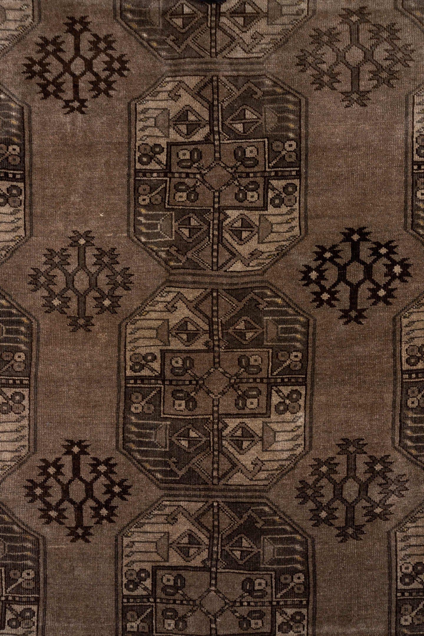 8' x 12' one-of-a-kind handmade antique Afghan large size rug. Color palette: taupe, brown, charcoal, camel, ivory, beige