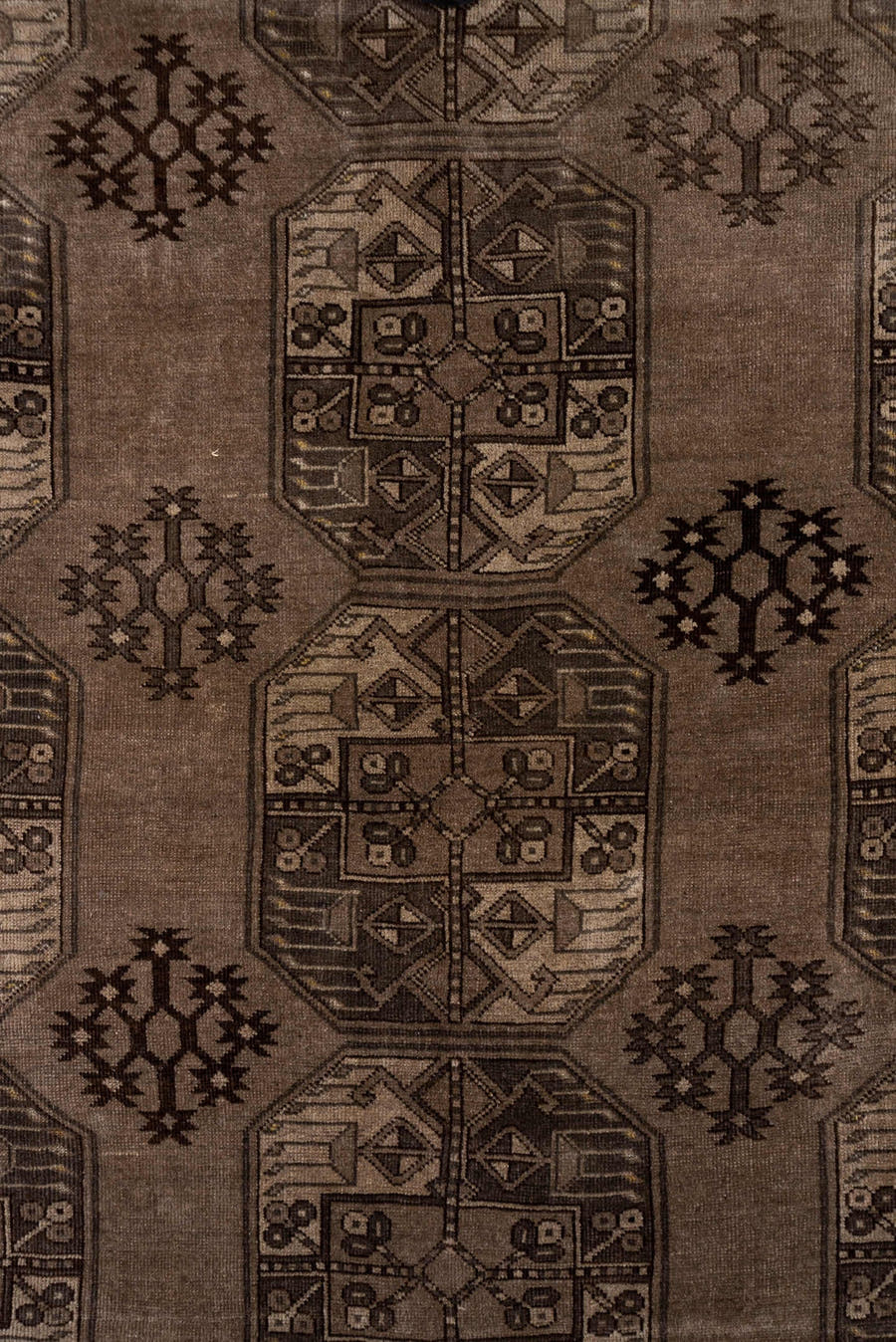 8' x 12' one-of-a-kind handmade antique Afghan large size rug. Color palette: taupe, brown, charcoal, camel, ivory, beige