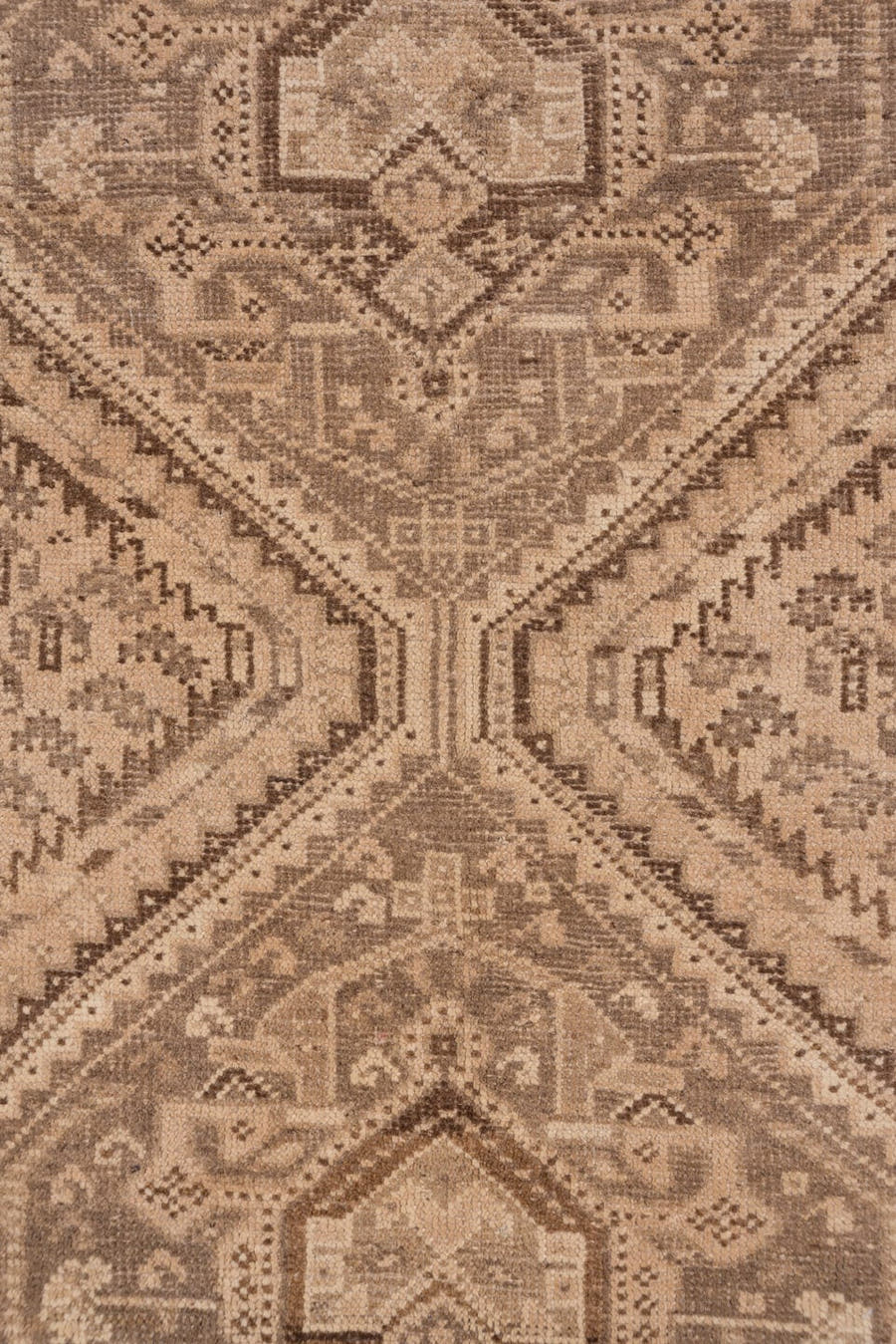 5' x 6' one-of-a-kind handmade antique Shiraz rug. Color palette: camel, taupe, brown, beige, ivory, gray
