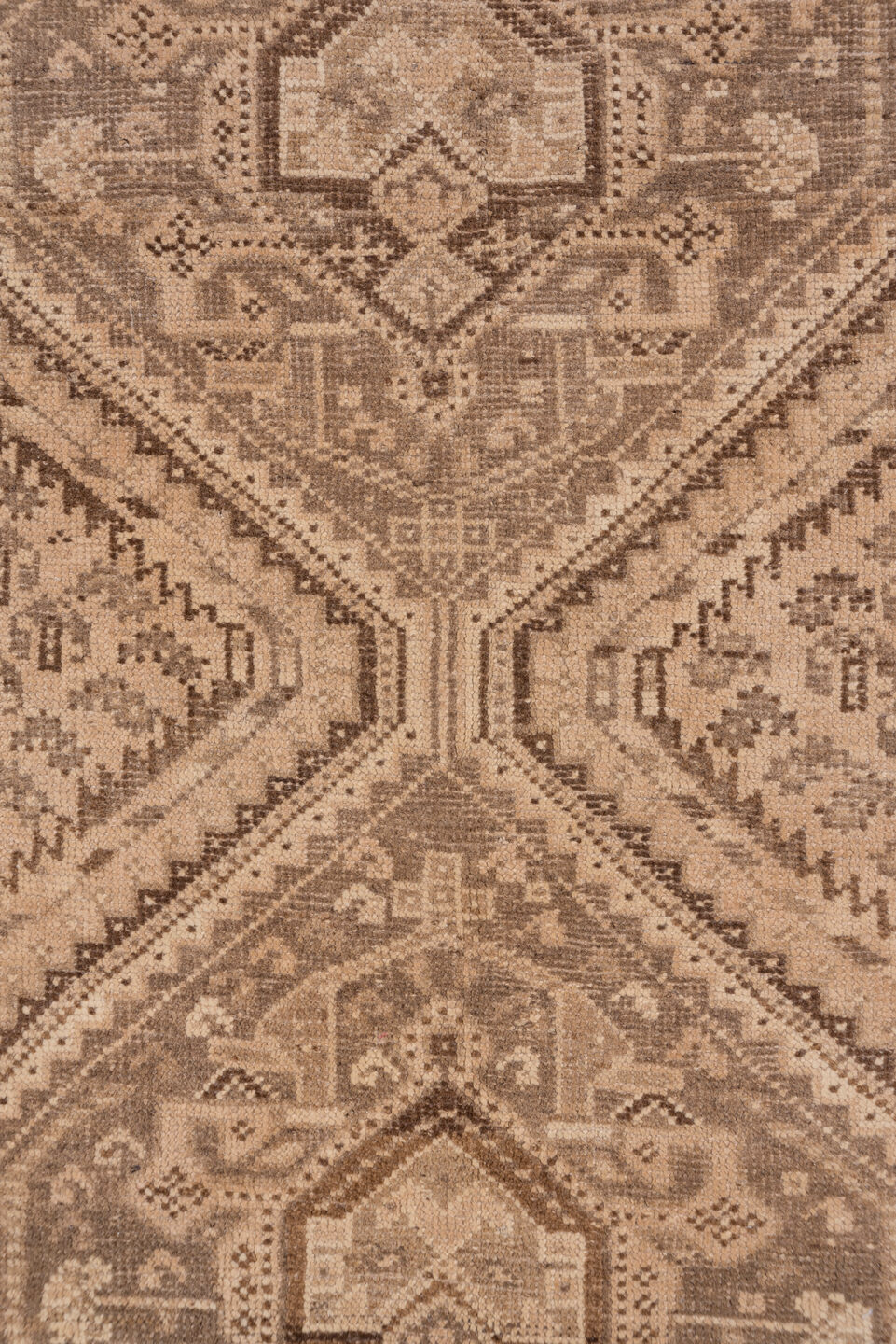 5' x 6' one-of-a-kind handmade antique Shiraz rug. Color palette: camel, taupe, brown, beige, ivory, gray