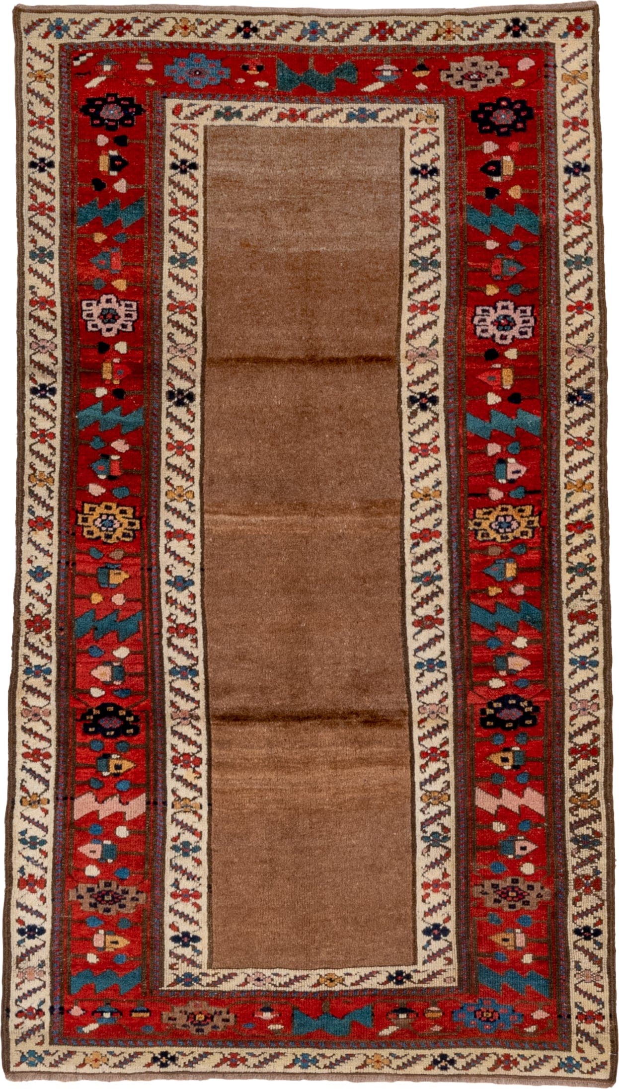 3' x 6' one-of-a-kind handmade antique NW Persian small size rug. Color palette: red, camel, ivory, teal, navy, brown, gold